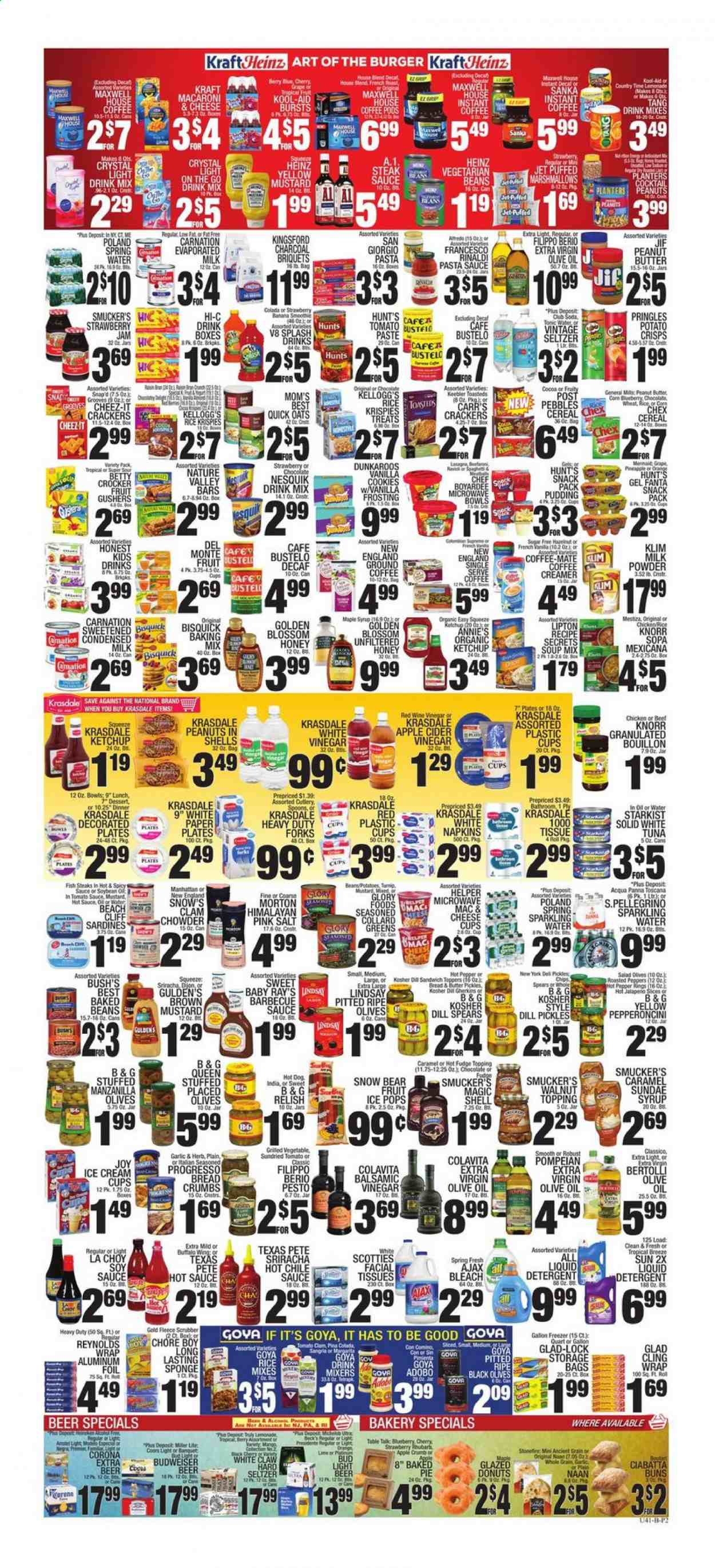thumbnail - C-Town Flyer - 06/25/2021 - 07/01/2021 - Sales products - Budweiser, Coors, ciabatta, buns, donut, collard greens, rhubarb, jalapeño, mango, sardines, tuna, fish, fish steak, StarKist, hot dog, pasta sauce, sandwich, soup mix, soup, hamburger, Knorr, Progresso, lasagna meal, Annie's, Kraft®, Bertolli, cheese cup, pudding, Nesquik, Coffee-Mate, evaporated milk, condensed milk, milk powder, Blossom, creamer, ice cream, marshmallows, crackers, Kellogg's, Keebler, Pringles, chips, Cheez-It, Bisquick, bouillon, frosting, oats, topping, strawberry jam, Heinz, pickles, olives, baked beans, clam chowder, Goya, Chef Boyardee, cereals, Rice Krispies, Quick Oats, Mom's Best, Nature Valley, dill, adobo sauce, BBQ sauce, mustard, soy sauce, sriracha, steak sauce, hot sauce, ketchup, pesto, Classico, apple cider vinegar, balsamic vinegar, extra virgin olive oil, wine vinegar, olive oil, maple syrup, honey, fruit jam, peanut butter, syrup, Jif, peanuts, Planters, lemonade, Fanta, Lipton, Hi-c, tonic, Country Time, Club Soda, seltzer water, sparkling water, San Pellegrino, Maxwell House, coffee pods, instant coffee, ground coffee, White Claw, TRULY, beer, Bud Light, Corona Extra, Beck's, steak. Page 2.