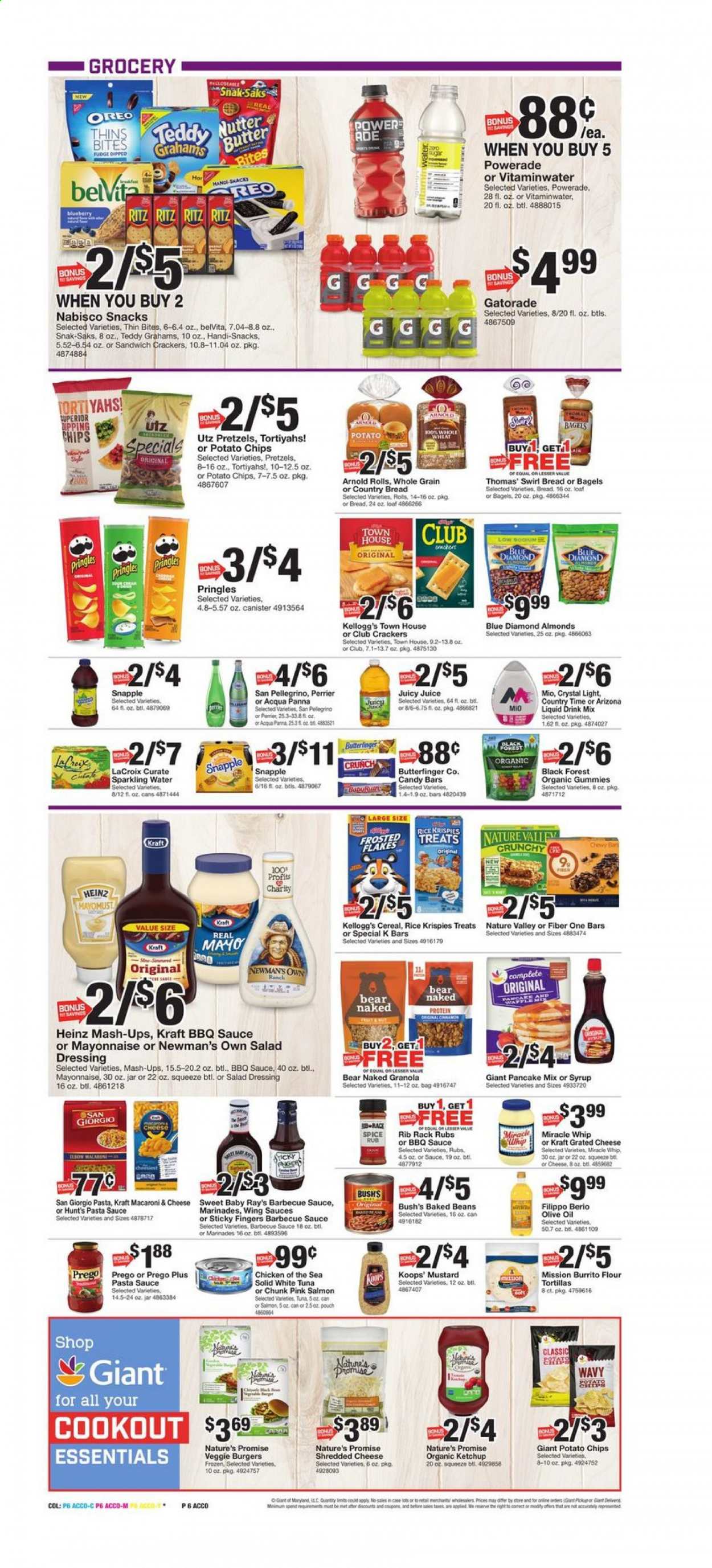 thumbnail - Giant Food Flyer - 06/25/2021 - 07/01/2021 - Sales products - bagels, tortillas, pretzels, Nature’s Promise, flour tortillas, beans, salmon, tuna, macaroni & cheese, pasta sauce, pancakes, burrito, veggie burger, Kraft®, shredded cheese, grated cheese, Oreo, butter, Miracle Whip, fudge, snack, crackers, Kellogg's, RITZ, potato chips, Pringles, Thins, Heinz, baked beans, Chicken of the Sea, cereals, granola, Rice Krispies, Frosted Flakes, belVita, Nature Valley, Fiber One, spice, cinnamon, BBQ sauce, mustard, salad dressing, ketchup, dressing, olive oil, oil, almonds, Blue Diamond, Powerade, juice, AriZona, Snapple, Bai, Perrier, Country Time, Gatorade, sparkling water, San Pellegrino. Page 10.