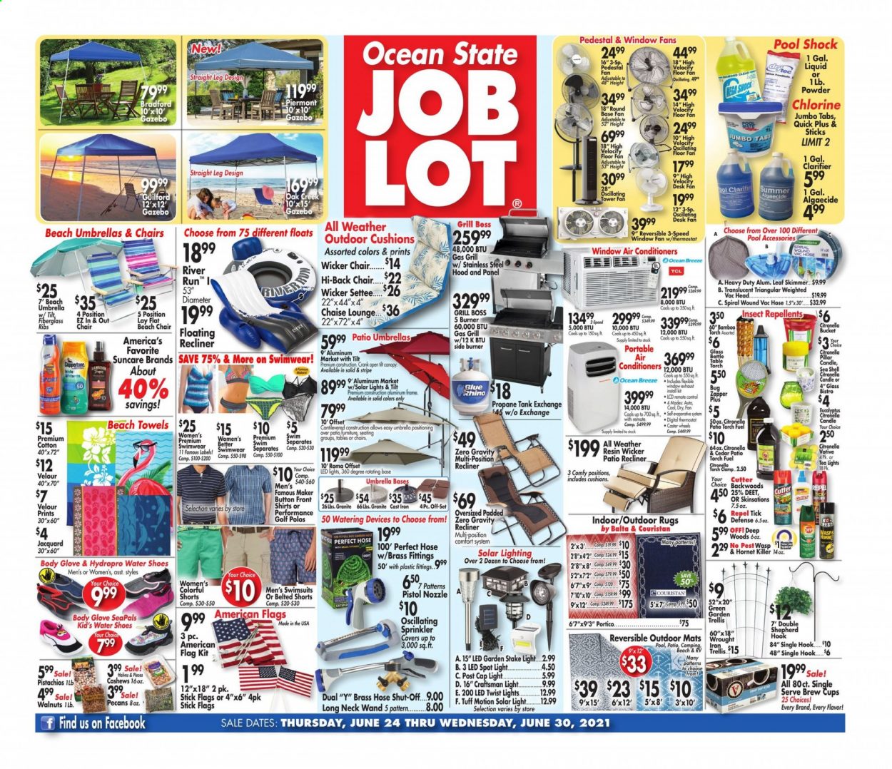 thumbnail - Ocean State Job Lot Flyer - 06/24/2021 - 06/30/2021 - Sales products - shoes, water shoes, cup, glass bottle, candle, spotlight, cushion, beach towel, tank, TCL, remote control, air conditioner, stand fan, desk fan, window fan, shorts, shirt, gloves, umbrella, swimming suit, torch, pistol, LED light, solar light, rug, hook, Craftsman, propane tank, gazebo, gas grill, grill, pool, Intex, garden stake, Shell. Page 1.