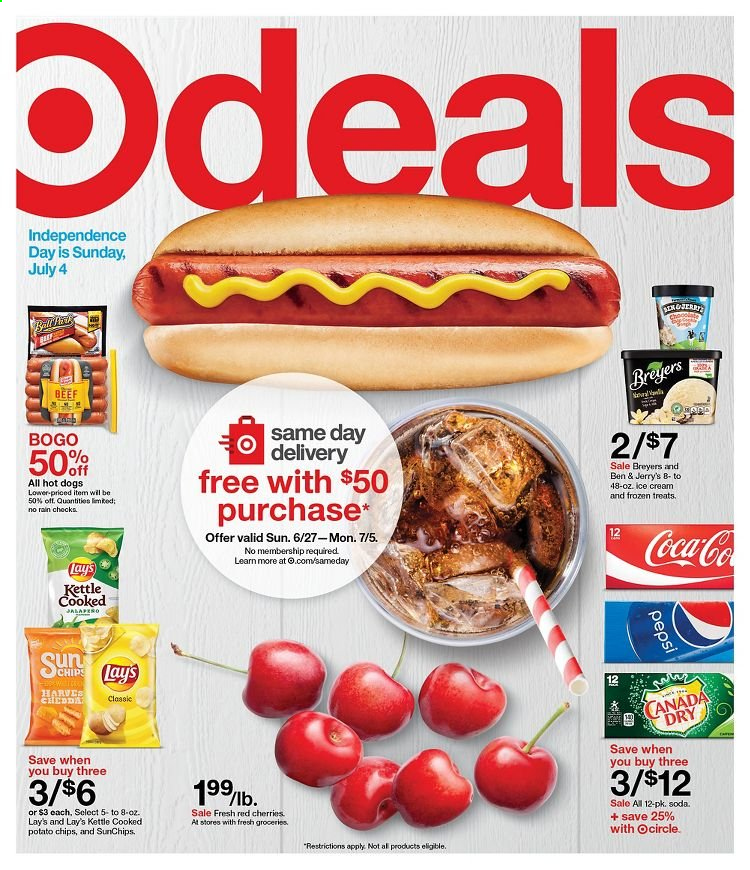 thumbnail - Target Flyer - 06/27/2021 - 07/03/2021 - Sales products - cherries, hot dog, ice cream, Ben & Jerry's, potato chips, Lay’s, Canada Dry, soda. Page 1.