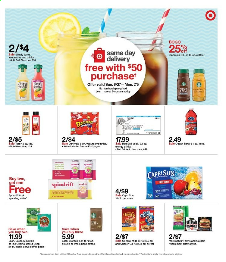 thumbnail - Target Flyer - 06/27/2021 - 07/03/2021 - Sales products - coconut, hamburger, Quaker, MorningStar Farms, yoghurt, Dannon, Danimals, cereals, Cheerios, caramel, Capri Sun, juice, energy drink, Red Bull, Spindrift, fruit punch, smoothie, sparkling water, tea, coffee pods, Starbucks, Green Mountain. Page 17.