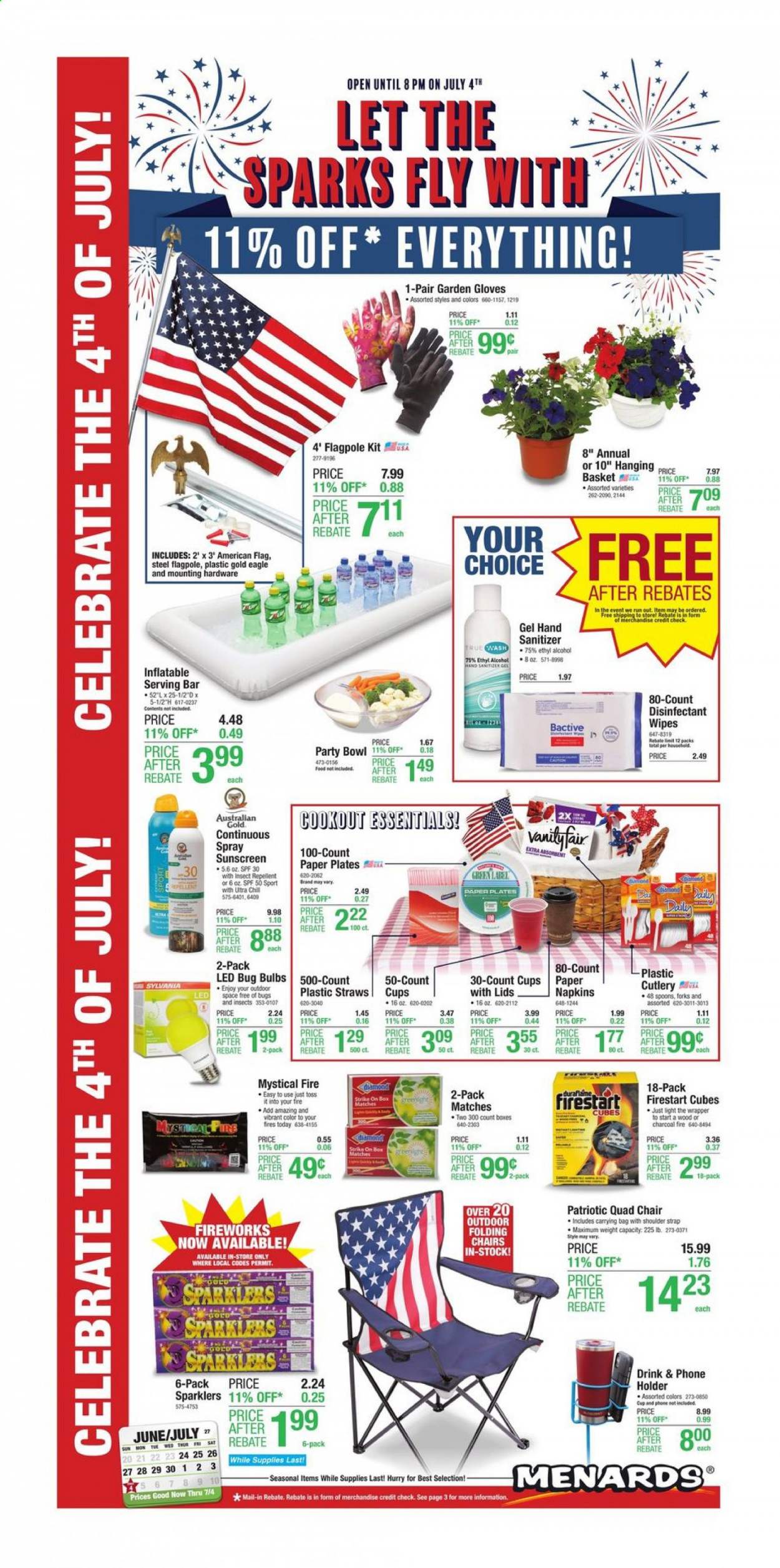 thumbnail - Menards Flyer - 06/24/2021 - 07/04/2021 - Sales products - wipes, napkins, desinfection, hand sanitizer, repellent, basket, wrapper, gloves, spoon, plate, cup, straw, bowl, paper, paper plate, bulb, Sylvania, chair, charcoal, garden gloves, fireworks, strap, mobile phone holder. Page 1.