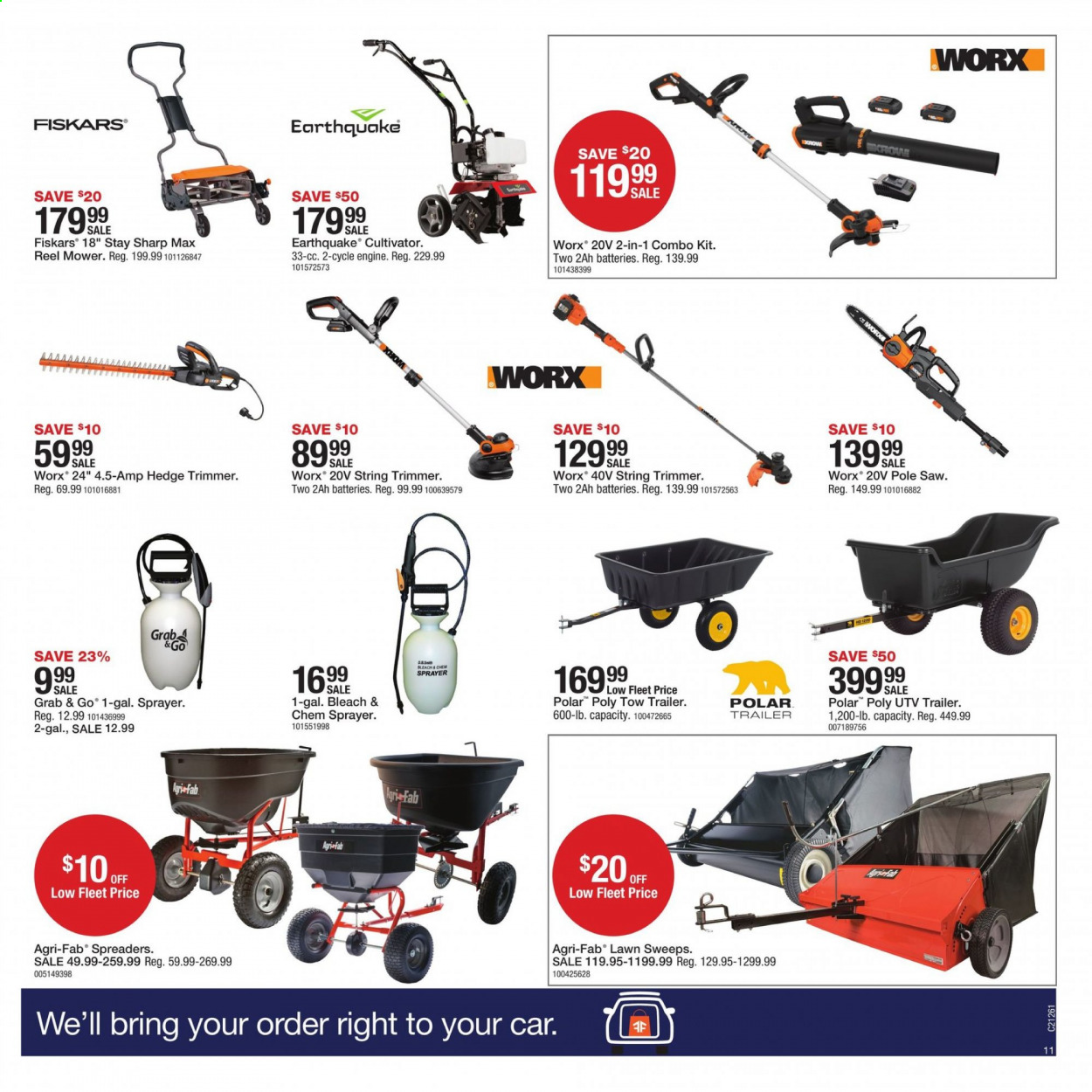 thumbnail - Fleet Farm Flyer - 06/25/2021 - 07/05/2021 - Sales products - bleach, Fab, trimmer, Fiskars, Sharp, battery, reel, trailer, saw, string trimmer, hedge trimmer, combo kit, sprayer. Page 11.