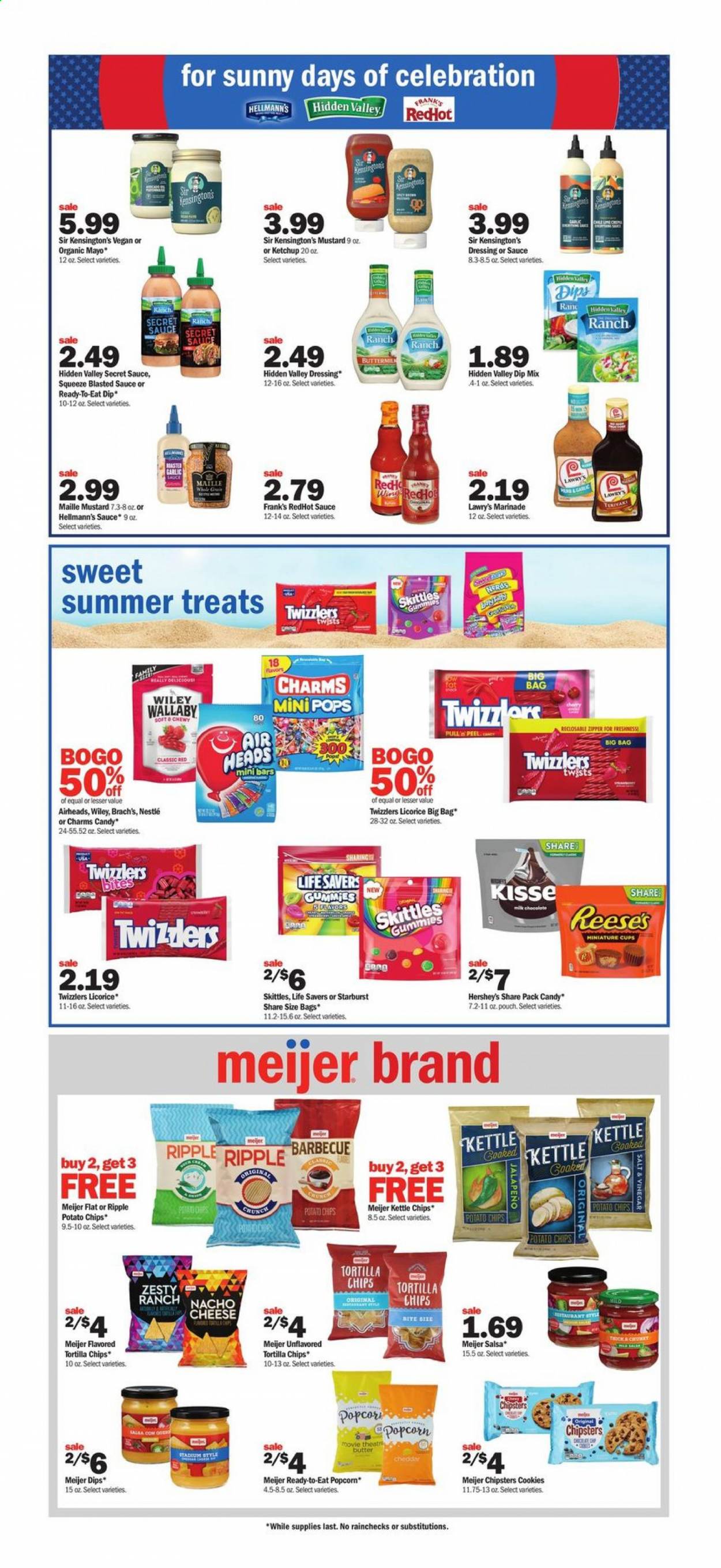 thumbnail - Meijer Flyer - 06/27/2021 - 07/03/2021 - Sales products - garlic, jalapeño, butter, mayonnaise, dip, Hellmann’s, Reese's, Hershey's, cookies, Nestlé, chocolate, Celebration, AirHeads, Skittles, Starburst, tortilla chips, potato chips, chips, popcorn, mustard, ketchup, dressing, salsa, marinade, cup, bag. Page 9.