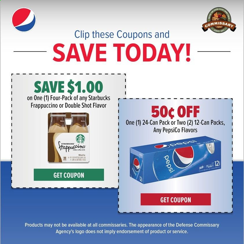 thumbnail - Commissary Flyer - Sales products - Pepsi, Starbucks, frappuccino. Page 1.