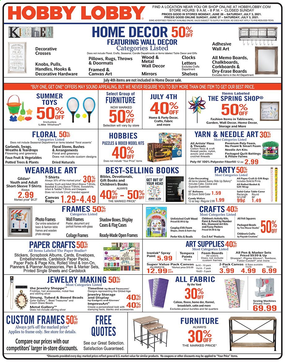 thumbnail - Hobby Lobby Flyer - 06/27/2021 - 07/03/2021 - Sales products - sticker, gift wrap, pen, envelope, paper, pencil, scrapbook, sketch pad, canvas, balloons, Sharpie, pillow, quilt, mirror, wall decor. Page 1.
