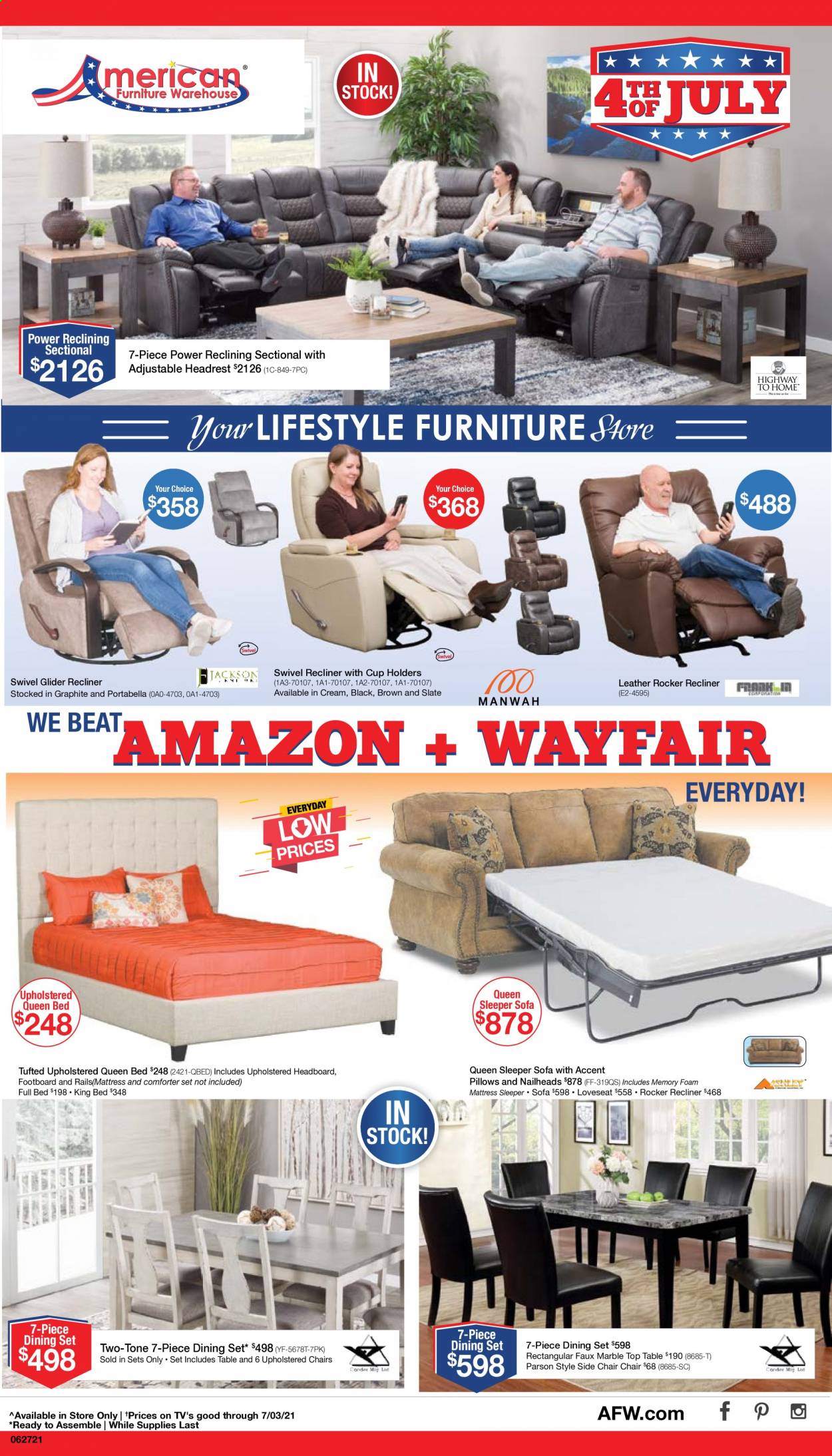 thumbnail - American Furniture Warehouse Flyer - 06/27/2021 - 07/03/2021 - Sales products - dining set, side chair, chair, loveseat, sofa, recliner chair, bed, king bed, queen bed, headboard, mattress, comforter, pillow. Page 1.