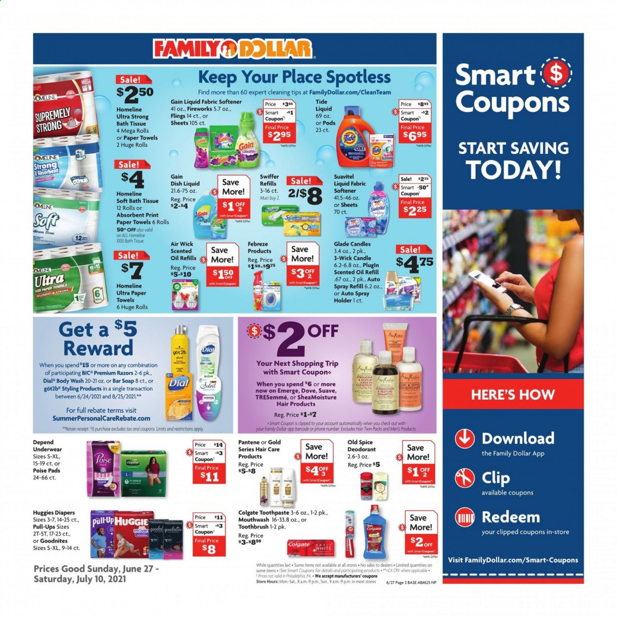 thumbnail - Family Dollar Flyer - 06/27/2021 - 07/10/2021 - Sales products - spice, oil, Huggies, nappies, Dove, bath tissue, kitchen towels, paper towels, Febreze, Gain, Swiffer, Tide, fabric softener, dishwashing liquid, body wash, shampoo, Suave, Old Spice, soap bar, Dial, soap, Colgate, toothbrush, toothpaste, mouthwash, conditioner, TRESemmé, Pantene, anti-perspirant, deodorant, holder, candle, Air Wick, Glade, scented oil. Page 3.