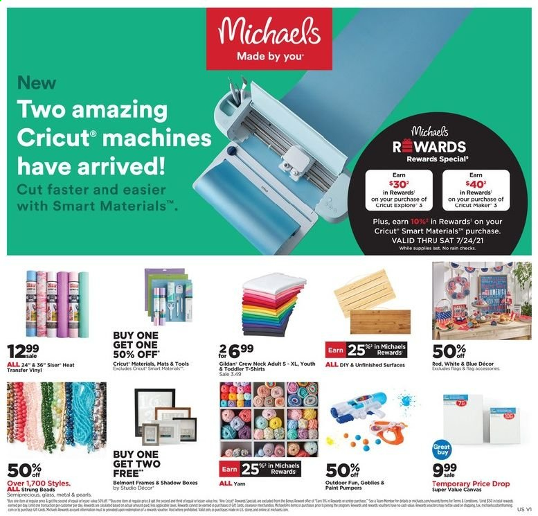 thumbnail - Michaels Flyer - 06/27/2021 - 07/03/2021 - Sales products - canvas, t-shirt. Page 1.