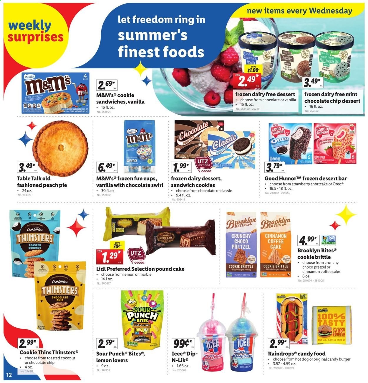 thumbnail - Lidl Flyer - 06/30/2021 - 07/06/2021 - Sales products - pretzels, cake, pie, coffee cake, pound cake, hot dog, sandwich, hamburger, Oreo, dip, cookies, sandwich cookies, M&M's, lollipop, Thins, cinnamon, sake, beer, cup, table. Page 12.