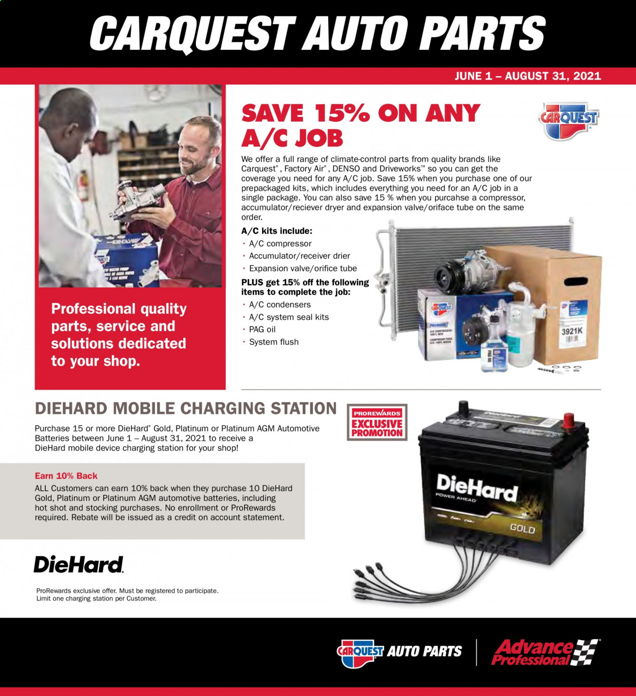 thumbnail - Carquest Flyer - 06/01/2021 - 08/31/2021 - Sales products - air compressor, automotive batteries. Page 1.