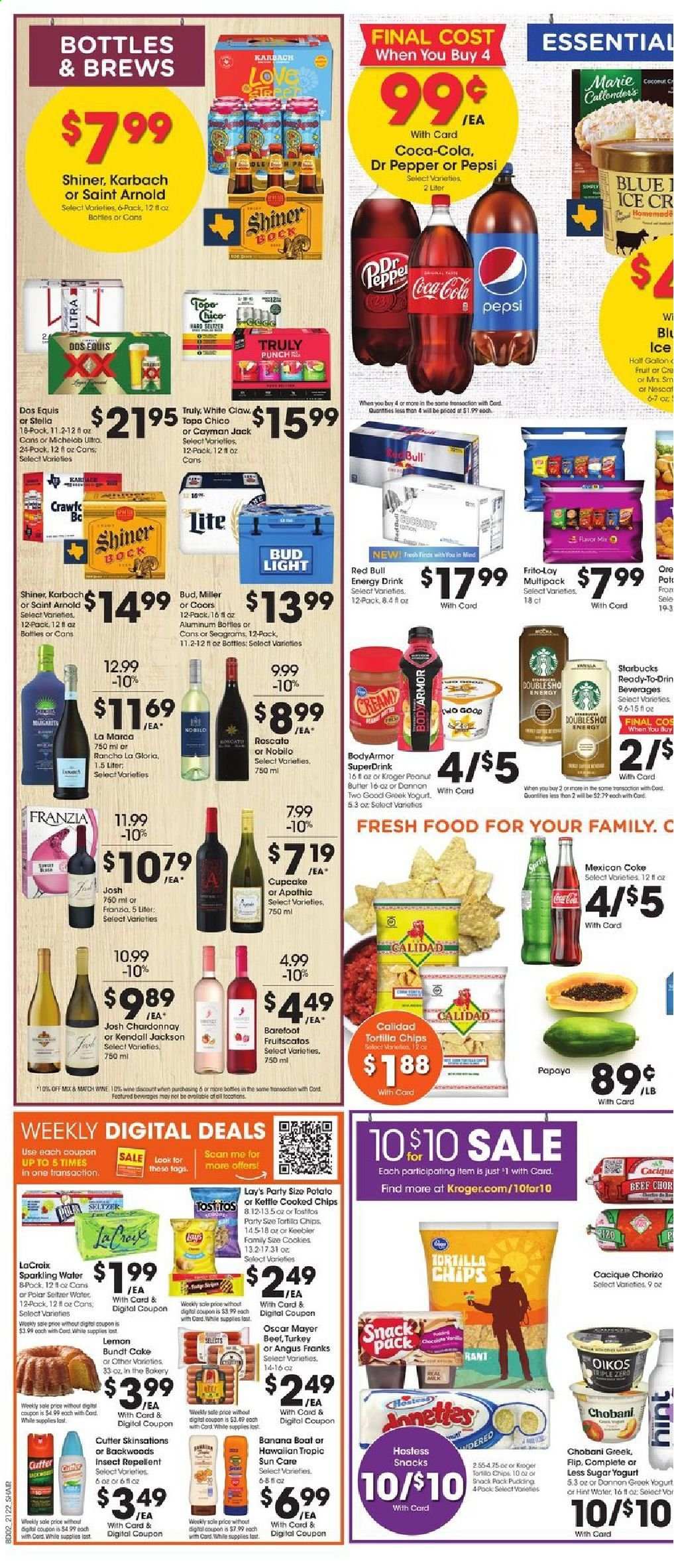 thumbnail - Kroger Flyer - 06/30/2021 - 07/06/2021 - Sales products - cake, bundt, cupcake, papaya, coconut, chorizo, Oscar Mayer, greek yoghurt, yoghurt, Oikos, Chobani, Dannon, cookies, Keebler, tortilla chips, chips, Lay’s, Frito-Lay, Tostitos, peanut butter, Coca-Cola, Pepsi, energy drink, Dr. Pepper, Red Bull, seltzer water, sparkling water, Starbucks, white wine, Chardonnay, wine, White Claw, TRULY, beer, Coors, Dos Equis, Michelob, Bud Light, Miller, Shiner Bock, gallon, pot, cutter, kettle. Page 5.