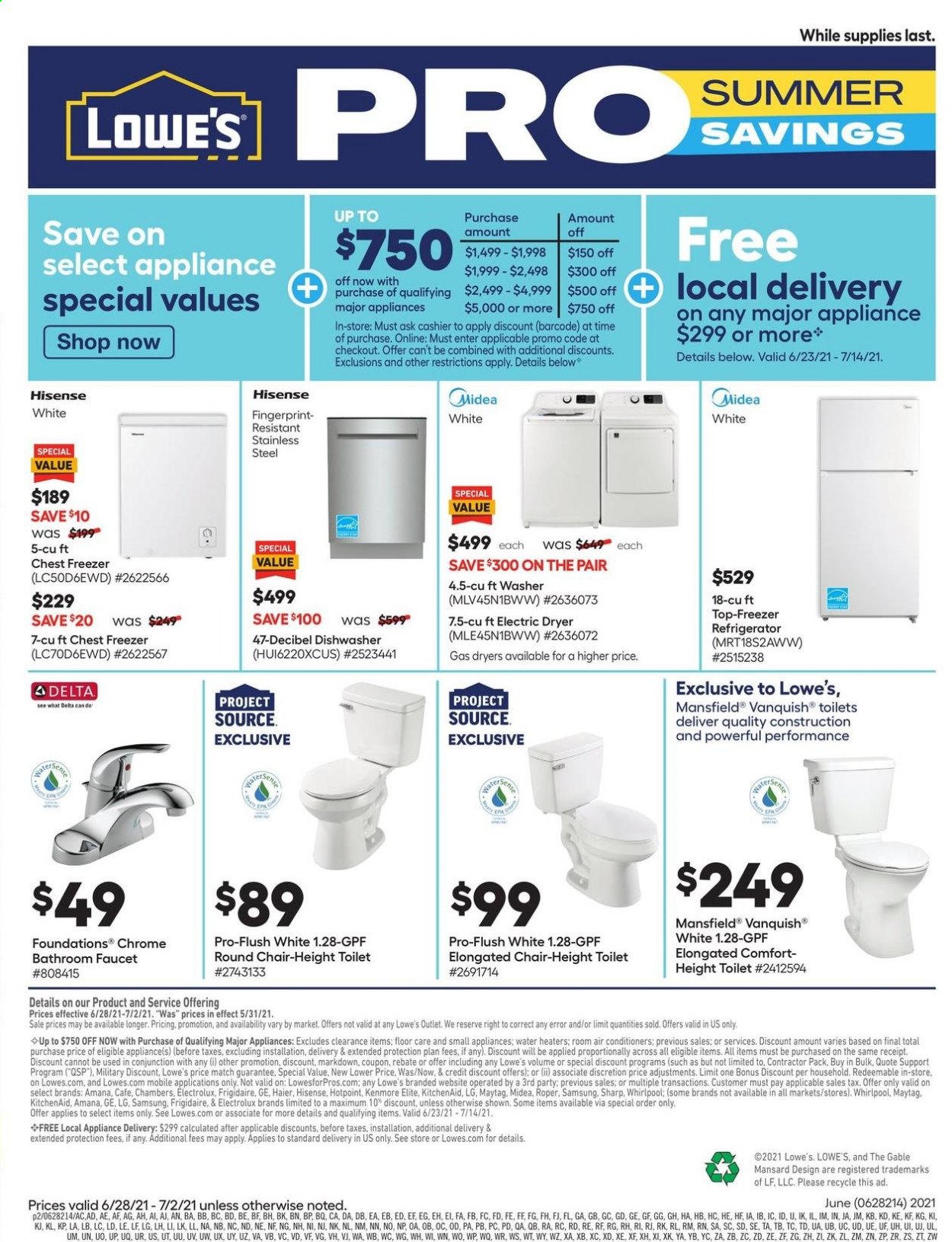 thumbnail - Lowe's Flyer - 06/28/2021 - 07/02/2021 - Sales products - toilet, faucet, KitchenAid, Sharp, Samsung, Electrolux, Midea, Amana, Whirlpool, freezer, refrigerator, Haier, Hotpoint, chest freezer, Hisense, dishwasher, Maytag, washing machine, electric dryer, air conditioner, car battery. Page 2.