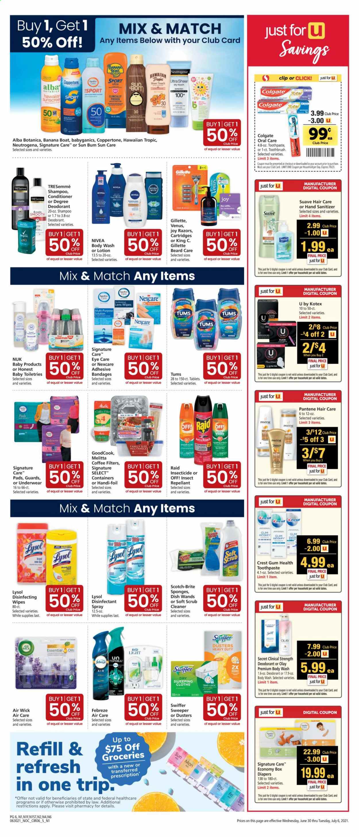 thumbnail - Safeway Flyer - 06/30/2021 - 07/06/2021 - Sales products - smoothie, coffee, L'Or, wipes, Febreze, cleaner, desinfection, Lysol, lens wipes, Swiffer, Joy, body wash, shampoo, Suave, Colgate, toothbrush, toothpaste, Crest, Kotex, Neutrogena, Nivea, Olay, conditioner, TRESemmé, Pantene, Brite, body lotion, Gillette, Venus, sponge, Nuk, antibacterial spray. Page 6.