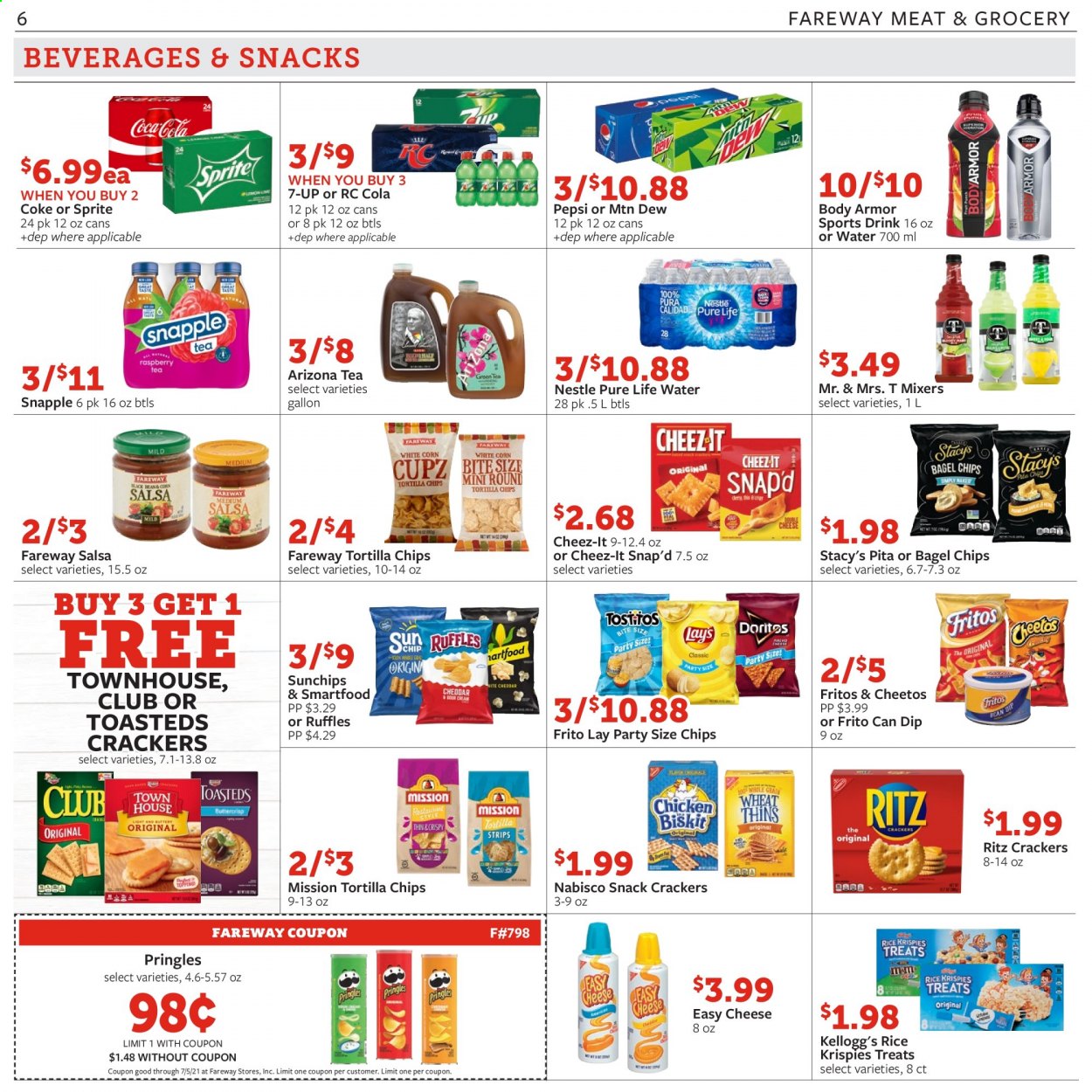 thumbnail - Fareway Flyer - 06/29/2021 - 07/05/2021 - Sales products - bagels, cheese, dip, Nestlé, snack, crackers, Kellogg's, RITZ, Fritos, tortilla chips, Pringles, Cheetos, chips, Smartfood, Cheez-It, Ruffles, Rice Krispies, salsa, Mountain Dew, Sprite, Pepsi, 7UP, AriZona, Snapple, Pure Life Water, tea. Page 6.