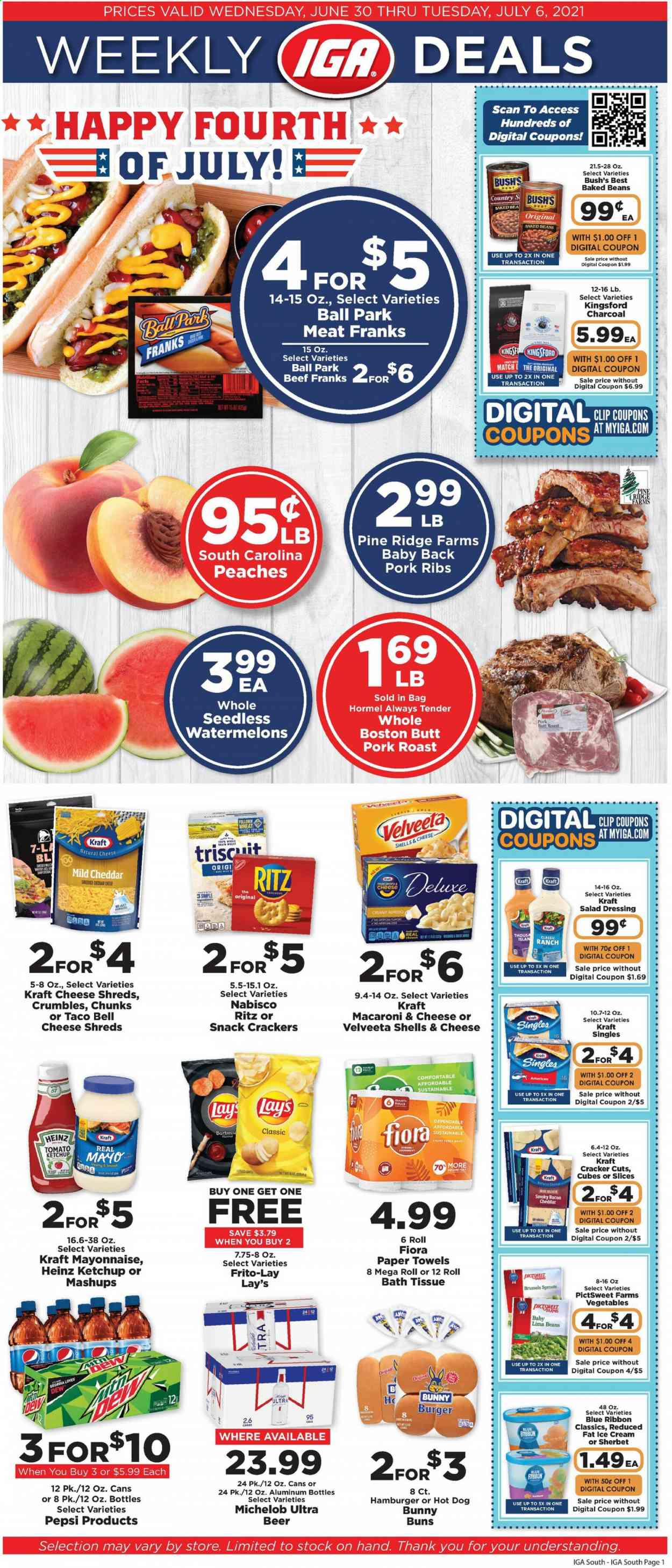 thumbnail - IGA Flyer - 06/30/2021 - 07/06/2021 - Sales products - Michelob, buns, beans, brussel sprouts, macaroni & cheese, hot dog, hamburger, Kraft®, Hormel, bacon, mild cheddar, sandwich slices, Kraft Singles, ice cream, sherbet, Blue Ribbon, lima beans, crackers, RITZ, Lay’s, Frito-Lay, Heinz, baked beans, salad dressing, ketchup, dressing, Pepsi, beer, pork meat, pork ribs, pork roast, pork back ribs, bath tissue, kitchen towels, paper towels, cup, peaches. Page 1.