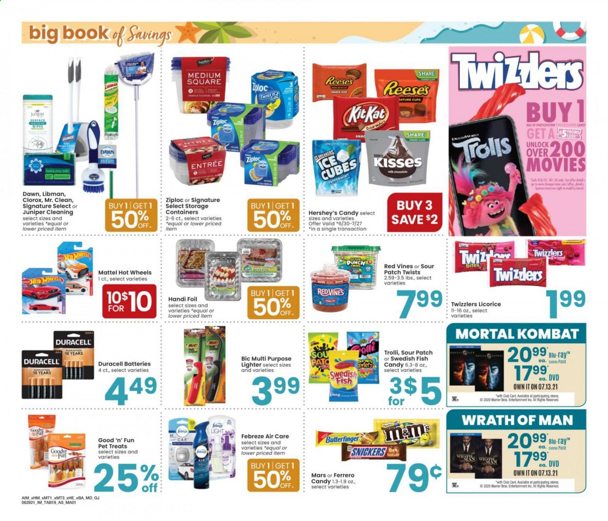 thumbnail - Albertsons Flyer - 06/29/2021 - 07/26/2021 - Sales products - milk, Reese's, Hershey's, ice cubes, snack, Trolli, Ferrero Rocher, Snickers, Mars, sour patch, wipes, Febreze, Clorox, BIC, Ziploc, cup, storage box, battery, Duracell, Good 'n' Fun, Mattel, Hot Wheels. Page 18.
