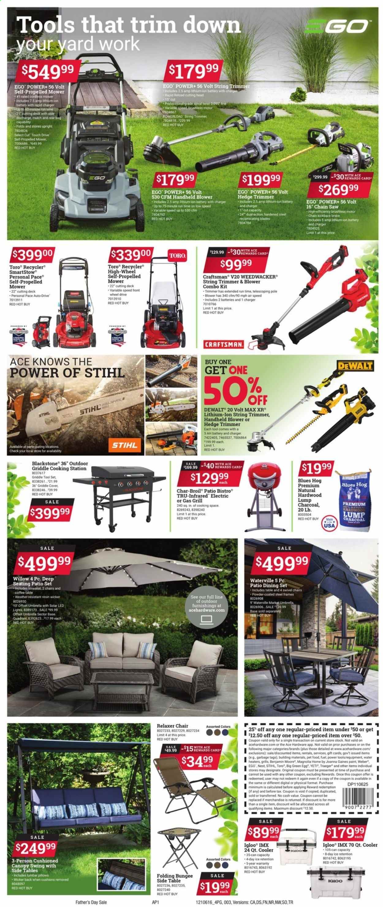 thumbnail - ACE Hardware Flyer - 06/16/2021 - 06/29/2021 - Sales products - Ego, cushion, pillow, animal food, bag, Benjamin Moore, LED light, solar led, charcoal, DeWALT, power tools, Craftsman, chain saw, saw, string trimmer, hedge trimmer, combo kit, tool set, blower, umbrella, gas grill, grill, Weber, garden mulch. Page 3.