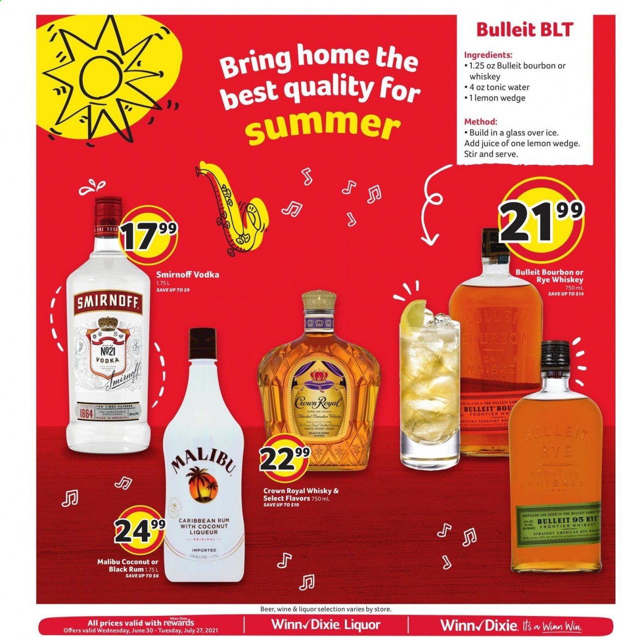 thumbnail - Winn Dixie Flyer - 06/30/2021 - 07/06/2021 - Sales products - juice, tonic, wine, bourbon, liqueur, rum, Smirnoff, vodka, whiskey, liquor, Malibu, whisky, beer. Page 9.