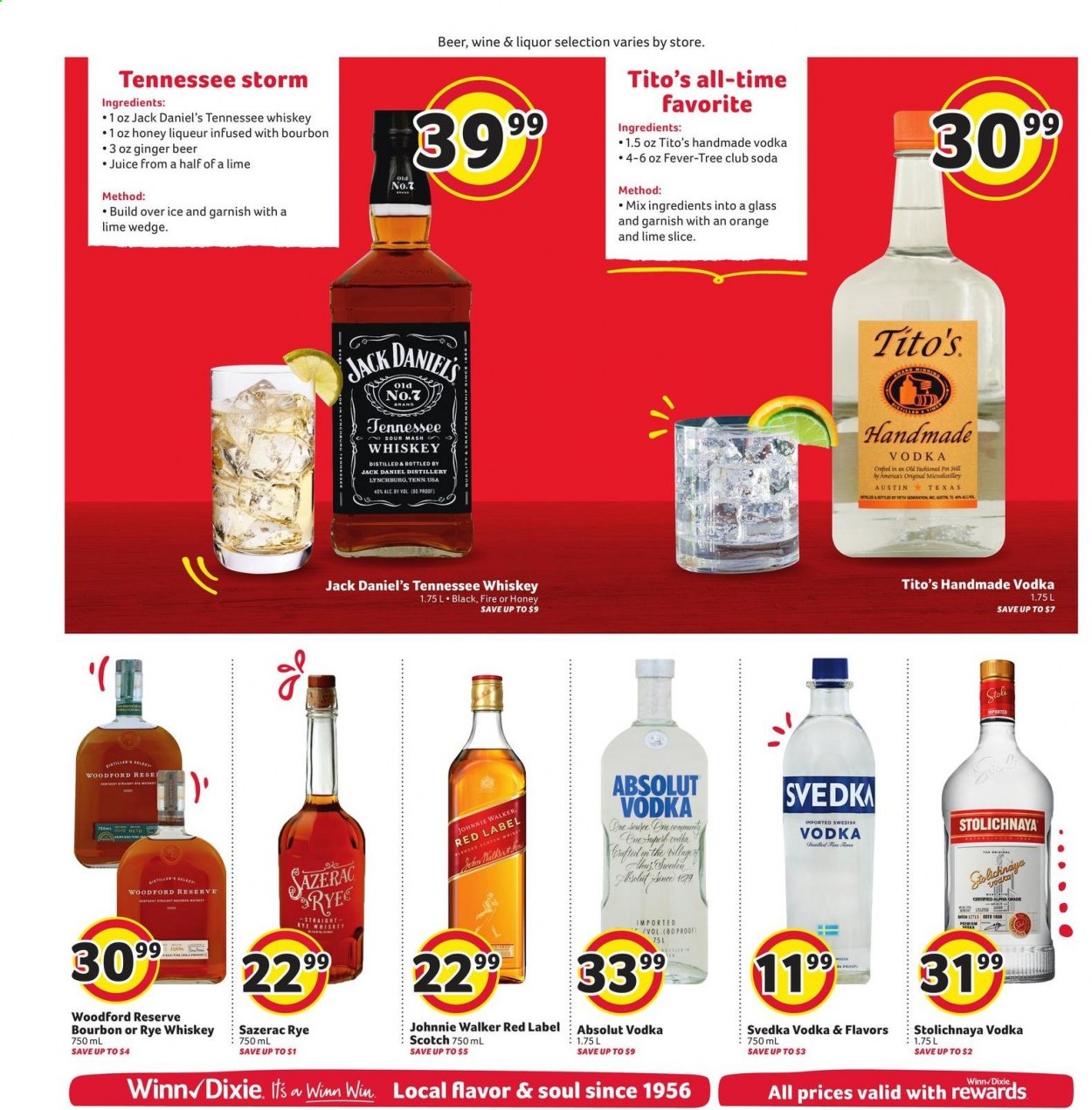 thumbnail - Winn Dixie Flyer - 06/30/2021 - 07/06/2021 - Sales products - oranges, Jack Daniel's, Ola, juice, wine, bourbon, liqueur, Tennessee Whiskey, vodka, whiskey, liquor, Johnnie Walker, Absolut, whisky, beer, ginger beer, pot. Page 10.
