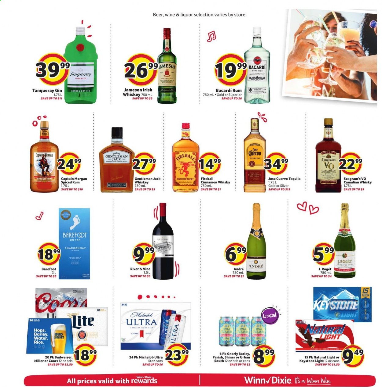 thumbnail - Winn Dixie Flyer - 06/30/2021 - 07/06/2021 - Sales products - spumante, white wine, Chardonnay, wine, Bacardi, canadian whisky, Captain Morgan, gin, rum, spiced rum, tequila, whiskey, Jameson, liquor, cinnamon whisky, whisky, beer, Budweiser, Coors, Michelob, Bud Light, Miller, IPA, Keystone. Page 12.