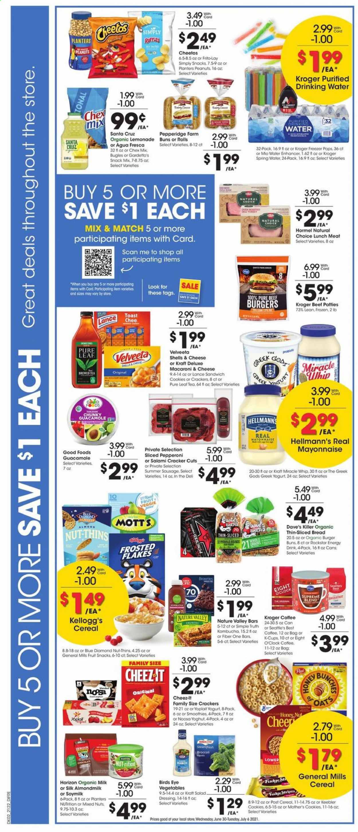 thumbnail - Baker's Flyer - 06/30/2021 - 07/06/2021 - Sales products - bread, buns, burger buns, brownies, broccoli, Mott's, cod, macaroni & cheese, sandwich, Bird's Eye, beef burger, Kraft®, Hormel, salami, sausage, summer sausage, pepperoni, guacamole, lunch meat, greek yoghurt, yoghurt, Yoplait, almond milk, soy milk, organic milk, Silk, mayonnaise, Miracle Whip, Hellmann’s, cookies, fudge, sandwich cookies, chocolate, crackers, Kellogg's, fruit snack, Keebler, Cheetos, Thins, Frito-Lay, Cheez-It, Ruffles, Chex Mix, oats, cereals, Frosted Flakes, Nature Valley, Fiber One, dressing, peanuts, mixed nuts, Planters, lemonade, energy drink, Rockstar, spring water, kombucha, tea, Pure Leaf, coffee, coffee capsules, K-Cups, Eight O'Clock, freezer, oven, bunches, car battery. Page 3.