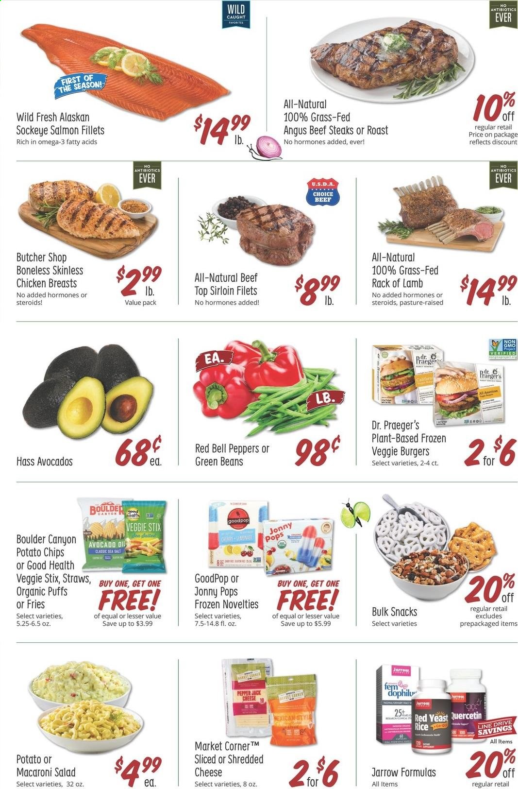 thumbnail - Sprouts Flyer - 06/30/2021 - 07/06/2021 - Sales products - puffs, beans, bell peppers, green beans, salad, peppers, avocado, cherries, salmon, salmon fillet, veggie burger, macaroni salad, shredded cheese, Pepper Jack cheese, potato fries, snack, potato chips, rice, chicken breasts, beef meat, beef steak, steak, lamb meat, rack of lamb, Omega-3. Page 2.