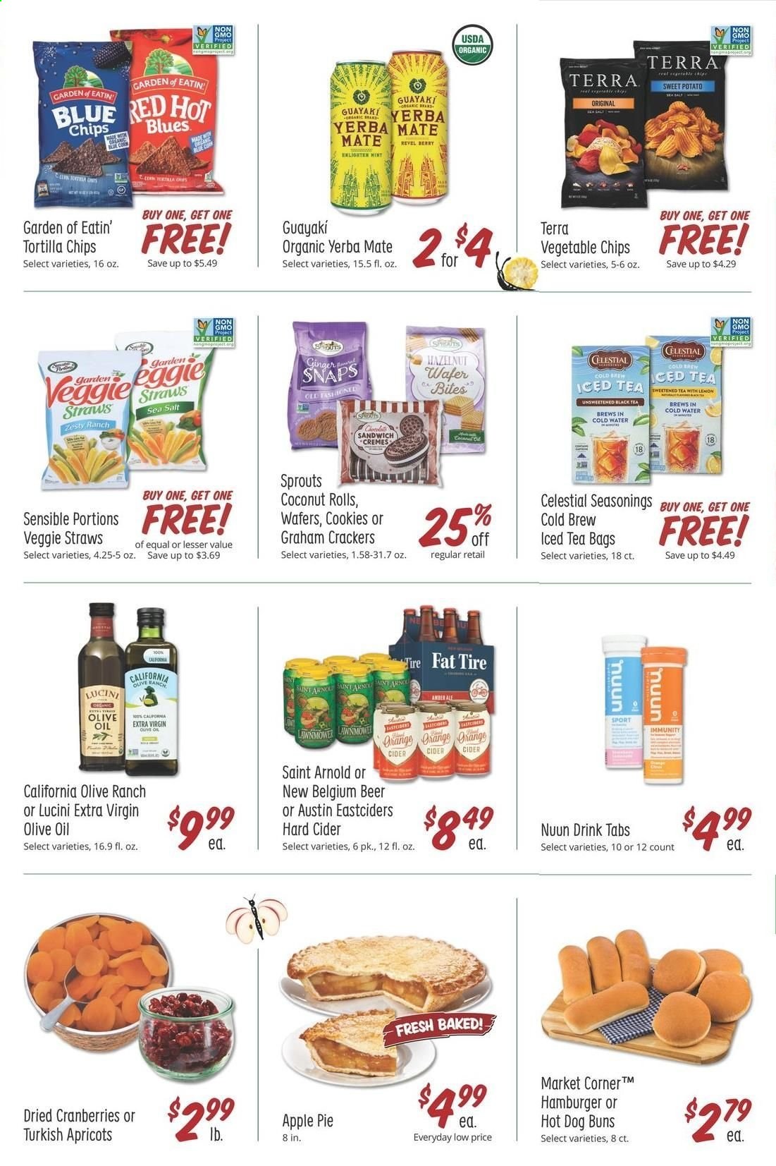 thumbnail - Sprouts Flyer - 06/30/2021 - 07/06/2021 - Sales products - pie, buns, apple pie, sweet potato, oranges, coconut, apricots, sandwich, cookies, graham crackers, wafers, crackers, tortilla chips, chips, Veggie Straws, cranberries, extra virgin olive oil, olive oil, oil, dried fruit, tea bags, cider, beer. Page 4.