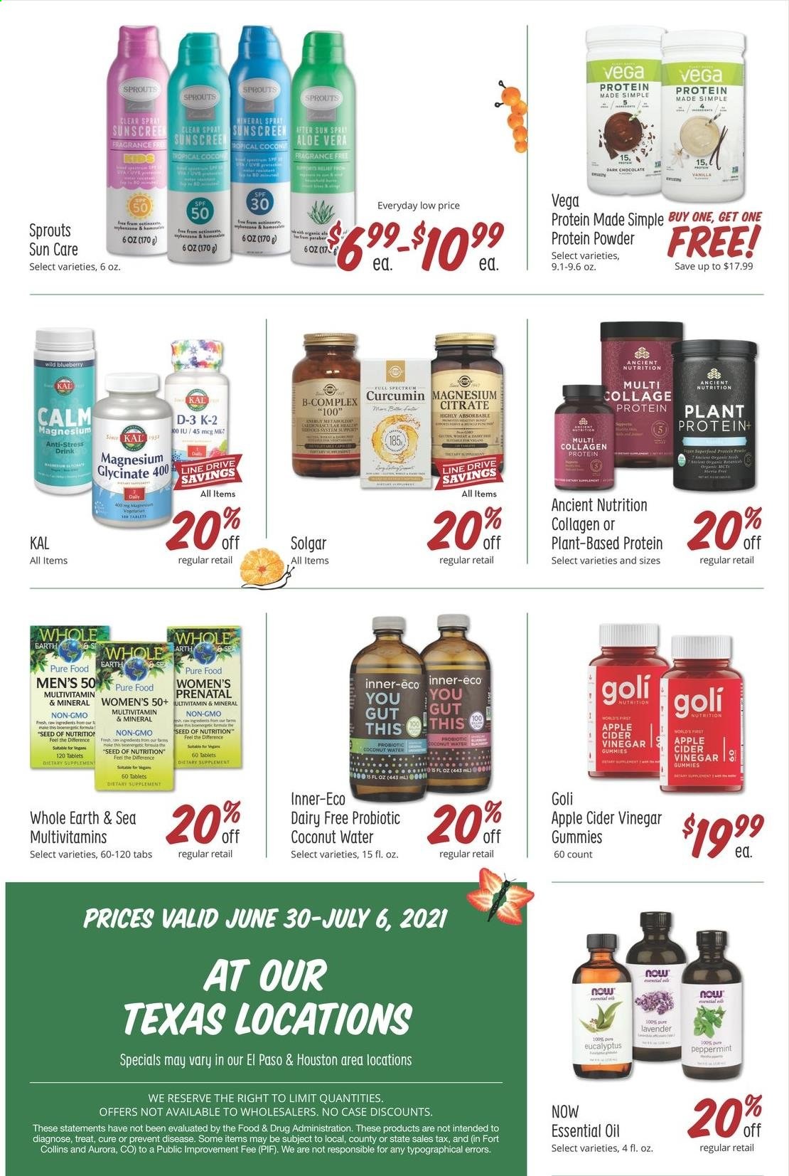 thumbnail - Sprouts Flyer - 06/30/2021 - 07/06/2021 - Sales products - chocolate, dark chocolate, apple cider vinegar, vinegar, coconut water, fragrance, magnesium, multivitamin, Prenatal, whey protein, Spectrum, dietary supplement. Page 8.