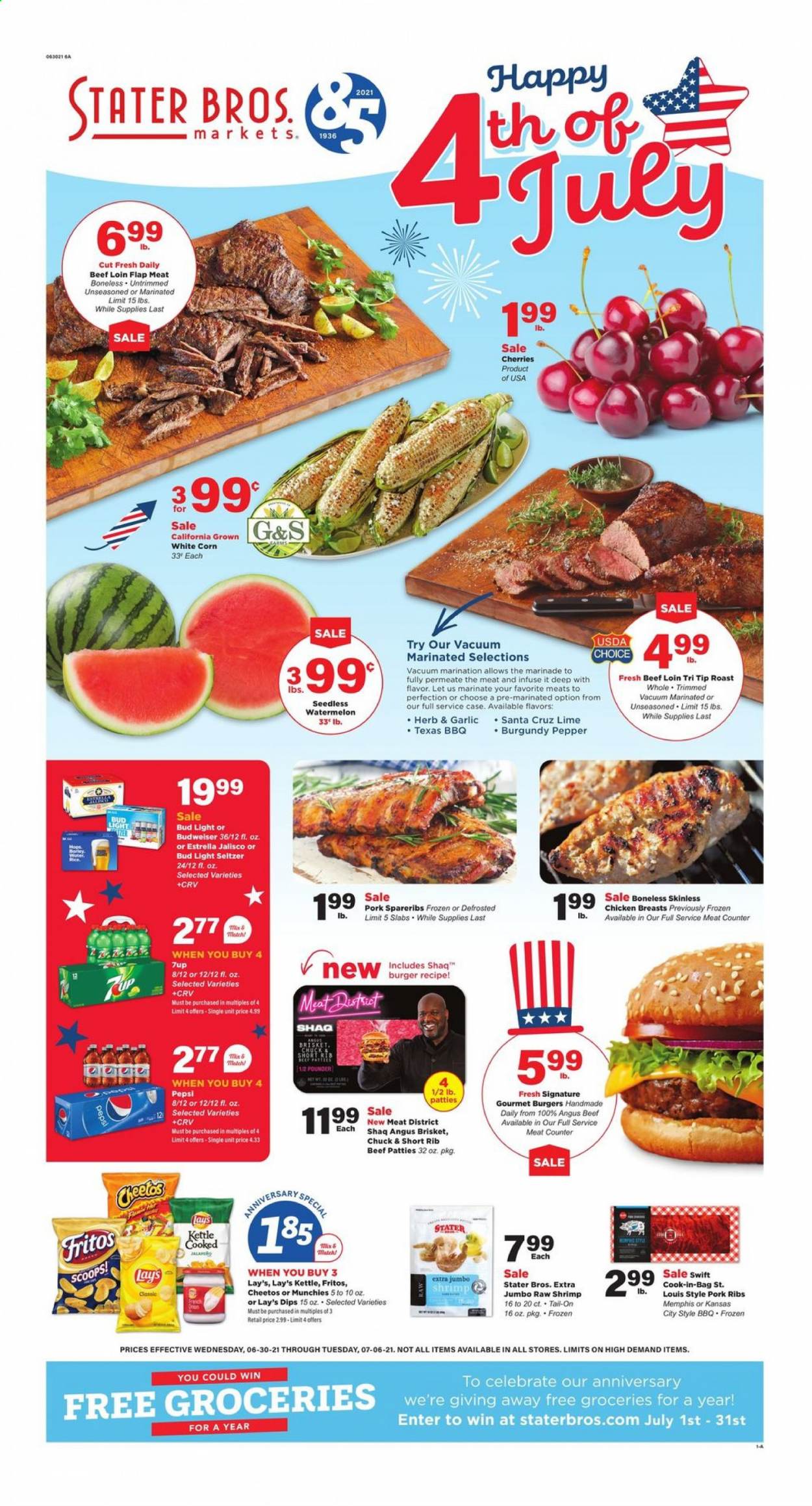 thumbnail - Stater Bros. Flyer - 06/30/2021 - 07/06/2021 - Sales products - corn, watermelon, cherries, shrimps, hamburger, Fritos, Cheetos, Lay’s, rice, pepper, herbs, marinade, Pepsi, 7UP, Hard Seltzer, beer, Bud Light, chicken breasts, beef meat, pork meat, pork ribs, pork spare ribs. Page 1.