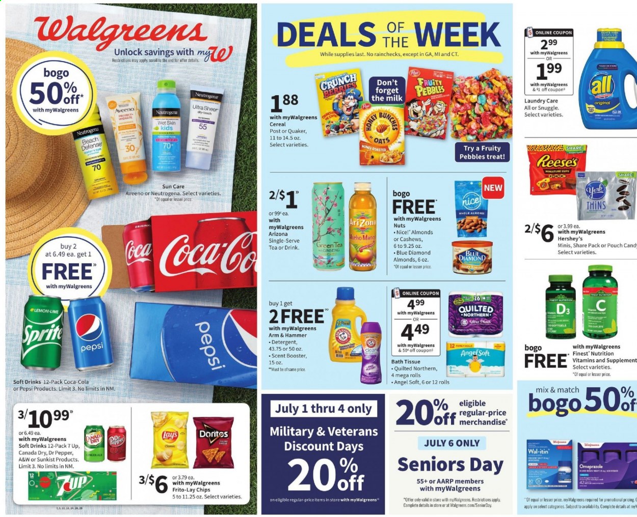 thumbnail - Walgreens Flyer - 07/04/2021 - 07/10/2021 - Sales products - Quaker, cheese, milk, Reese's, Hershey's, Doritos, chips, Lay’s, Thins, Frito-Lay, Nice!, ARM & HAMMER, cereals, Fruity Pebbles, honey, almonds, cashews, Blue Diamond, Canada Dry, Coca-Cola, ginger ale, Pepsi, Dr. Pepper, soft drink, 7UP, AriZona, A&W, green tea, tea, Aveeno, bath tissue, Quilted Northern, detergent, Snuggle, Neutrogena, ginseng, vitamin D3. Page 1.