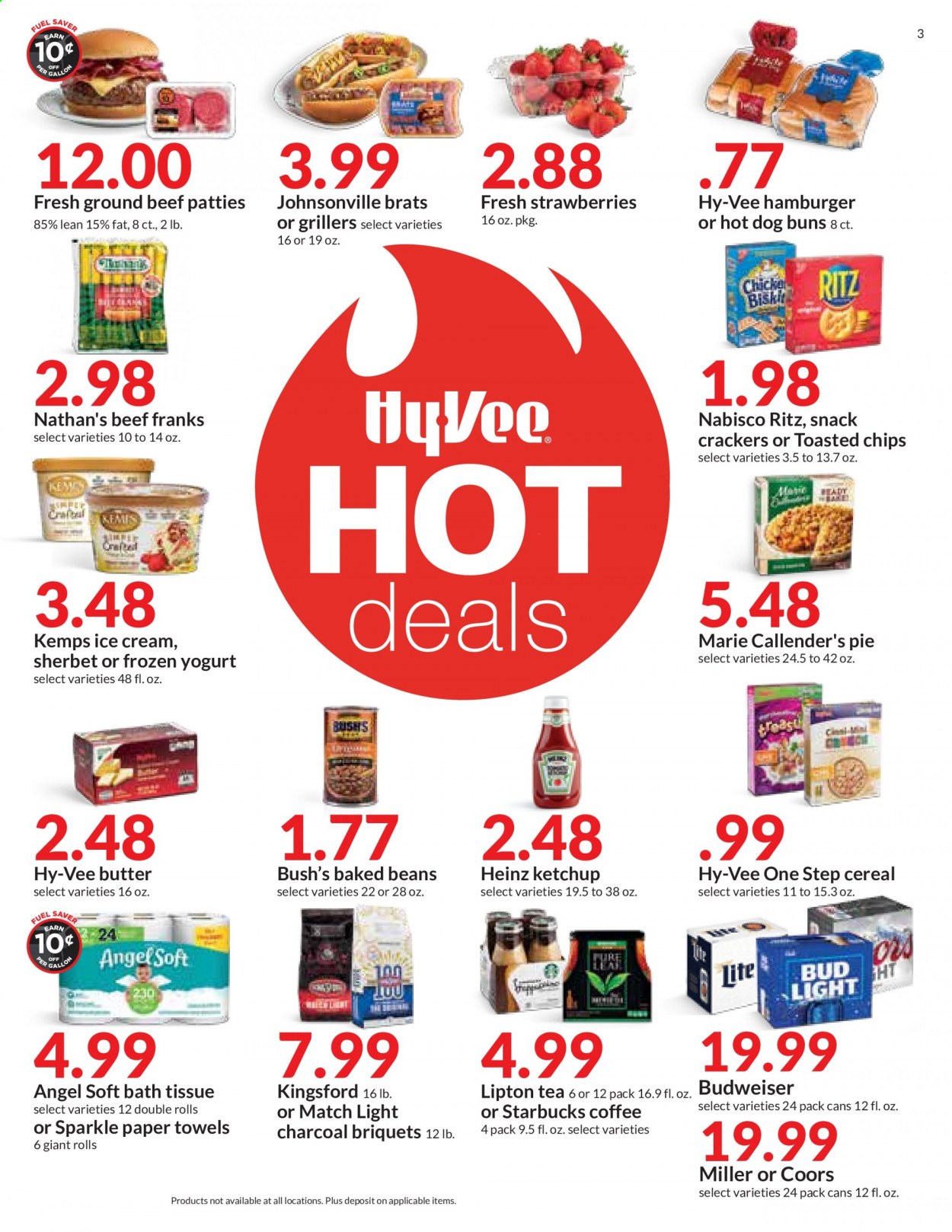 thumbnail - Hy-Vee Flyer - 06/30/2021 - 07/06/2021 - Sales products - pie, buns, strawberries, Marie Callender's, Johnsonville, Kemps, butter, ice cream, sherbet, snack, crackers, RITZ, Heinz, baked beans, cereals, ketchup, Lipton, tea, coffee, Starbucks, beer, Budweiser, Coors, Miller, beef meat, ground beef, bath tissue, kitchen towels, paper towels. Page 3.