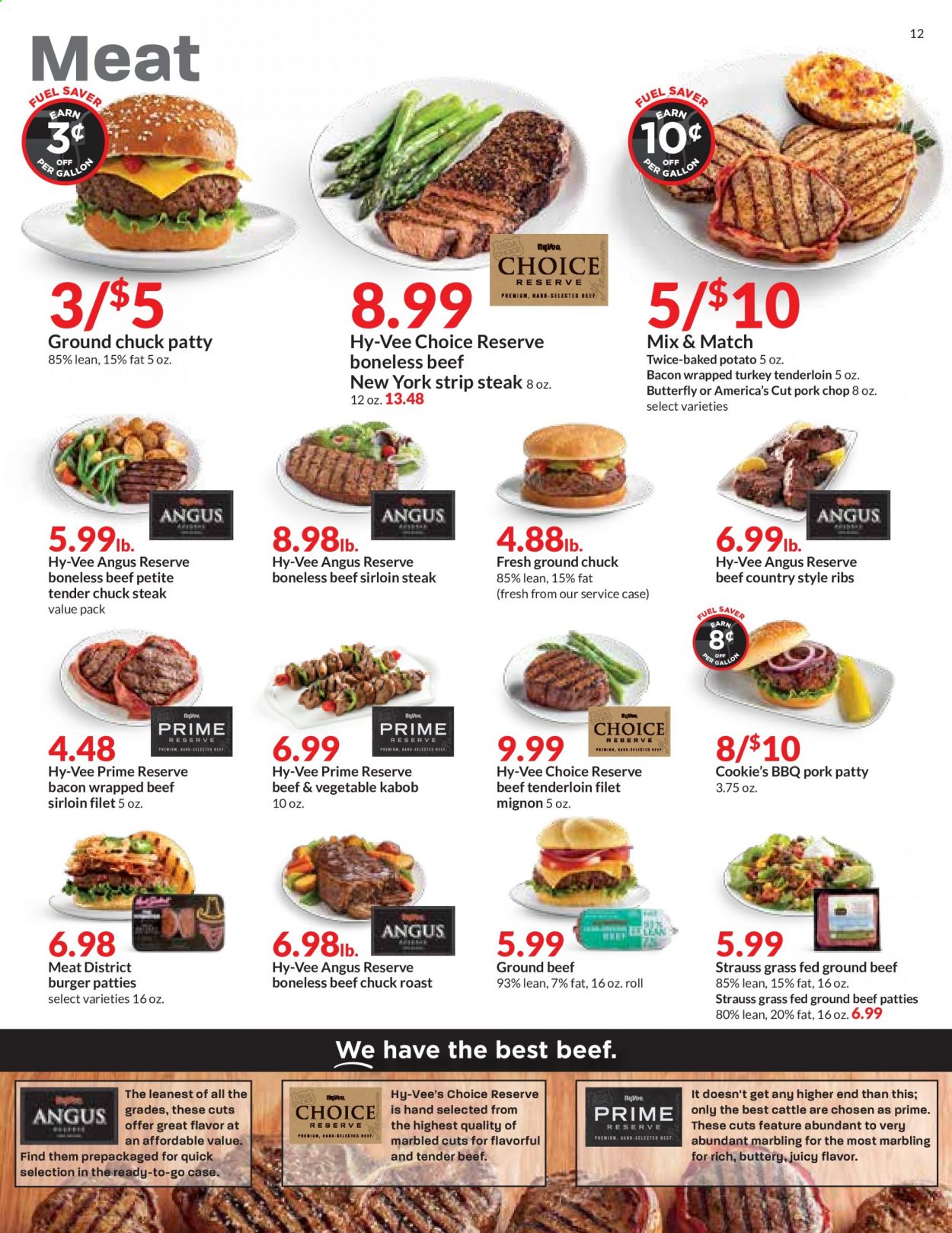thumbnail - Hy-Vee Flyer - 06/30/2021 - 07/06/2021 - Sales products - hamburger, bacon, turkey tenderloin, beef meat, beef sirloin, ground beef, ground chuck, steak, beef tenderloin, sirloin steak, chuck steak, chuck roast, striploin steak, chuck tender, burger patties, pork chops, pork meat, pork ribs, country style ribs. Page 12.