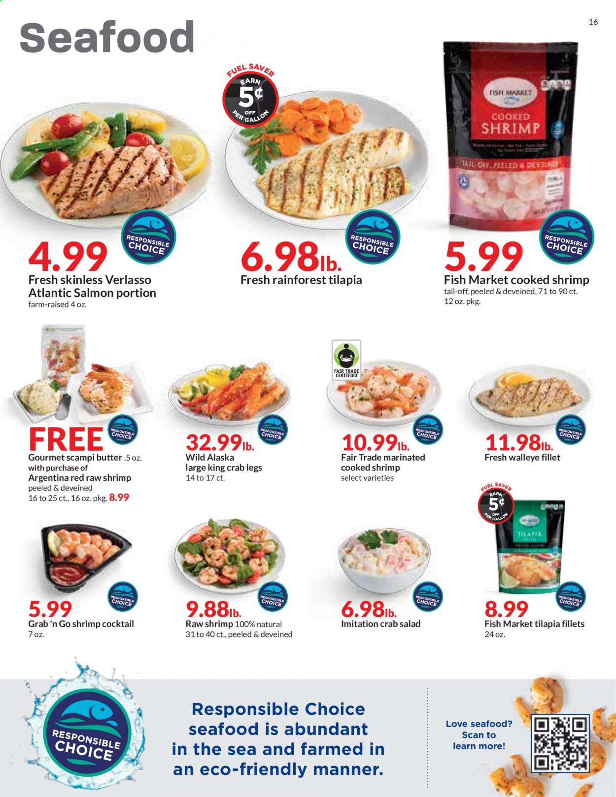 thumbnail - Hy-Vee Flyer - 06/30/2021 - 07/06/2021 - Sales products - salad, salmon, tilapia, king crab, seafood, crab legs, crab, shrimps, walleye, crab salad, butter. Page 16.