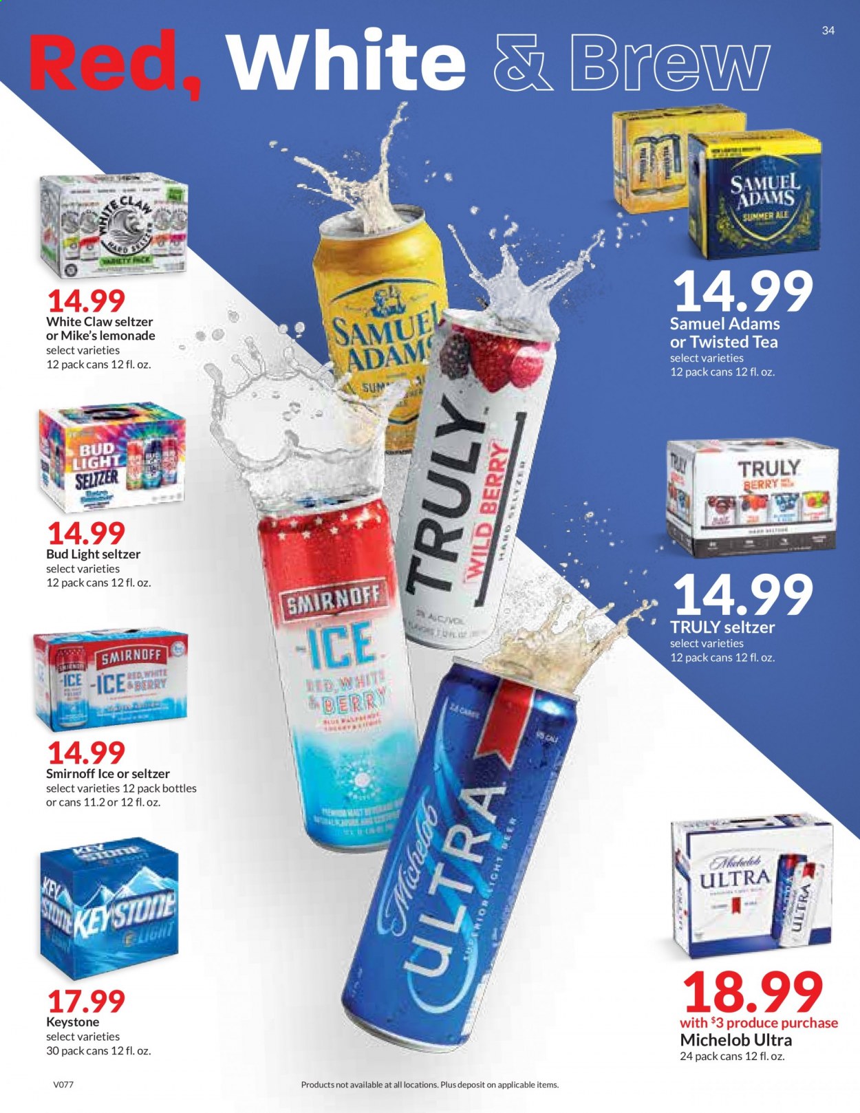 thumbnail - Hy-Vee Flyer - 06/30/2021 - 07/06/2021 - Sales products - lemonade, tea, Smirnoff, White Claw, Hard Seltzer, TRULY, beer, Twisted Tea, Michelob, Bud Light, Keystone. Page 34.