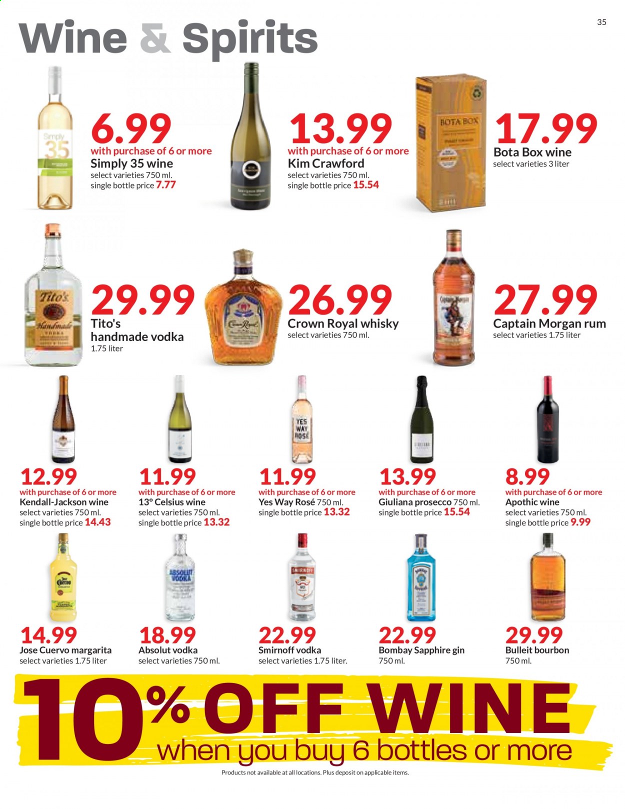 thumbnail - Hy-Vee Flyer - 06/30/2021 - 07/06/2021 - Sales products - prosecco, wine, rosé wine, bourbon, Captain Morgan, gin, rum, Smirnoff, vodka, Absolut, whisky. Page 35.