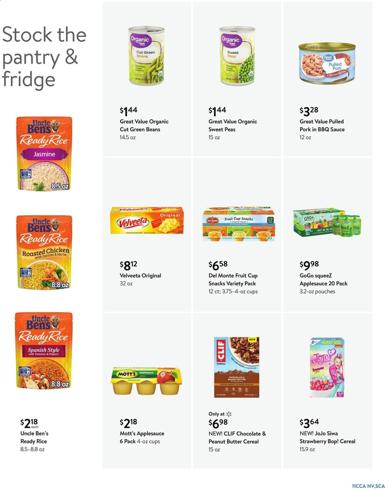 thumbnail - Walmart Flyer - 06/30/2021 - 07/27/2021 - Sales products - beans, green beans, tomatoes, peas, peppers, mandarines, Mott's, pork meat, chicken roast, sauce, pulled pork, chocolate, snack, Uncle Ben's, cereals, rice, BBQ sauce, apple sauce, peanut butter, car battery. Page 11.