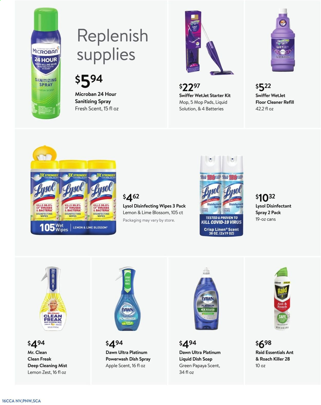 thumbnail - Walmart Flyer - 06/30/2021 - 07/27/2021 - Sales products - Apple, papaya, Blossom, wipes, cleaner, desinfection, floor cleaner, Lysol, Swiffer, soap, antibacterial spray, WetJet, mop pad, linens. Page 16.