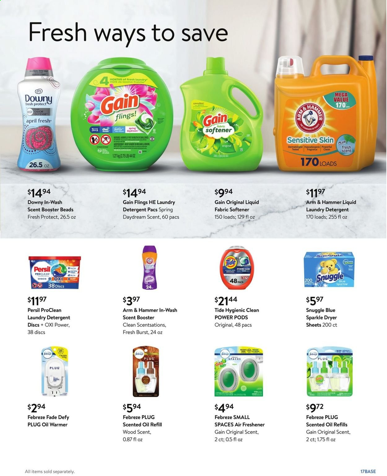 thumbnail - Walmart Flyer - 06/30/2021 - 07/27/2021 - Sales products - ARM & HAMMER, oil, Purity, detergent, Febreze, Gain, Snuggle, Tide, Persil, fabric softener, laundry detergent, fragrance, air freshener, scented oil. Page 17.