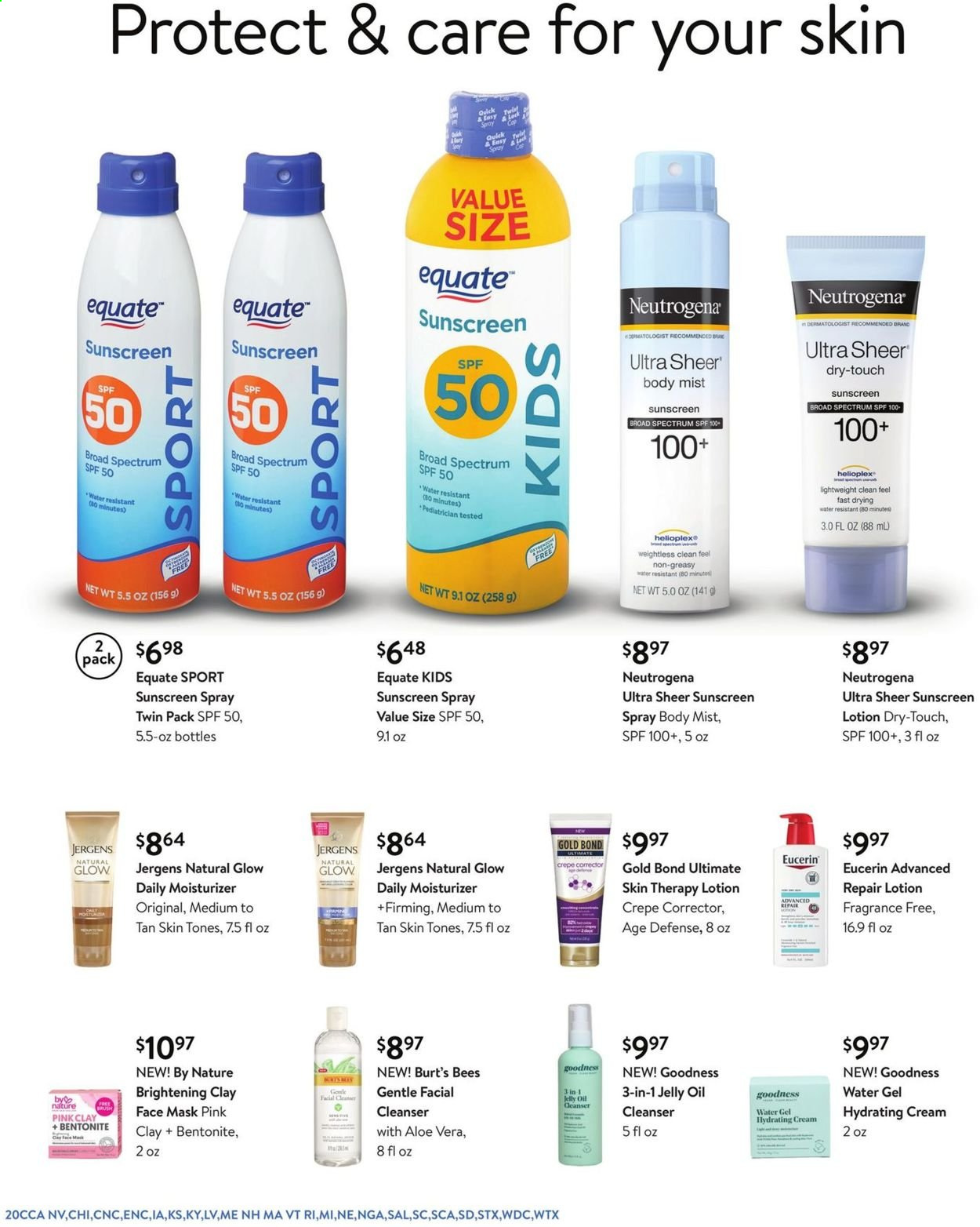 thumbnail - Walmart Flyer - 06/30/2021 - 07/27/2021 - Sales products - jelly, oil, cleanser, moisturizer, Neutrogena, face mask, body mist, Eucerin, Jergens. Page 20.