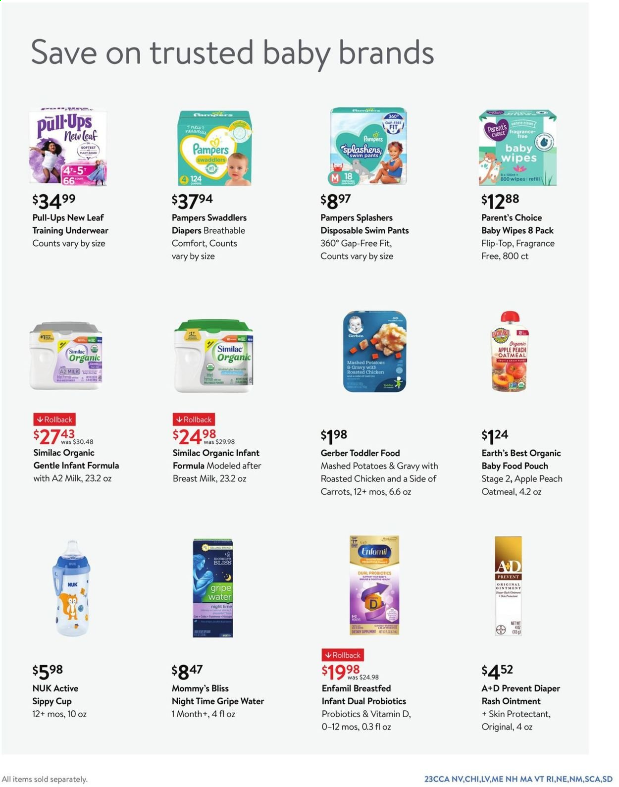 thumbnail - Walmart Flyer - 06/30/2021 - 07/27/2021 - Sales products - Apple, mashed potatoes, chicken roast, Gerber, oatmeal, Enfamil, Similac, baby food pouch, organic baby food, wipes, Pampers, pants, baby wipes, nappies, Nuk, ointment, fragrance, cup, underwear, probiotics. Page 23.