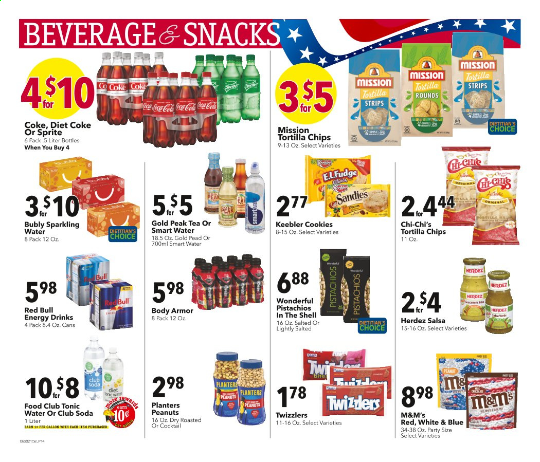 thumbnail - Cash Wise Flyer - 06/30/2021 - 07/06/2021 - Sales products - strips, cookies, snack, M&M's, Keebler, tortilla chips, chips, salsa, peanuts, pistachios, Planters, Coca-Cola, Sprite, energy drink, tonic, Diet Coke, Red Bull, Gold Peak Tea, Club Soda, sparkling water, Smartwater, tea. Page 12.