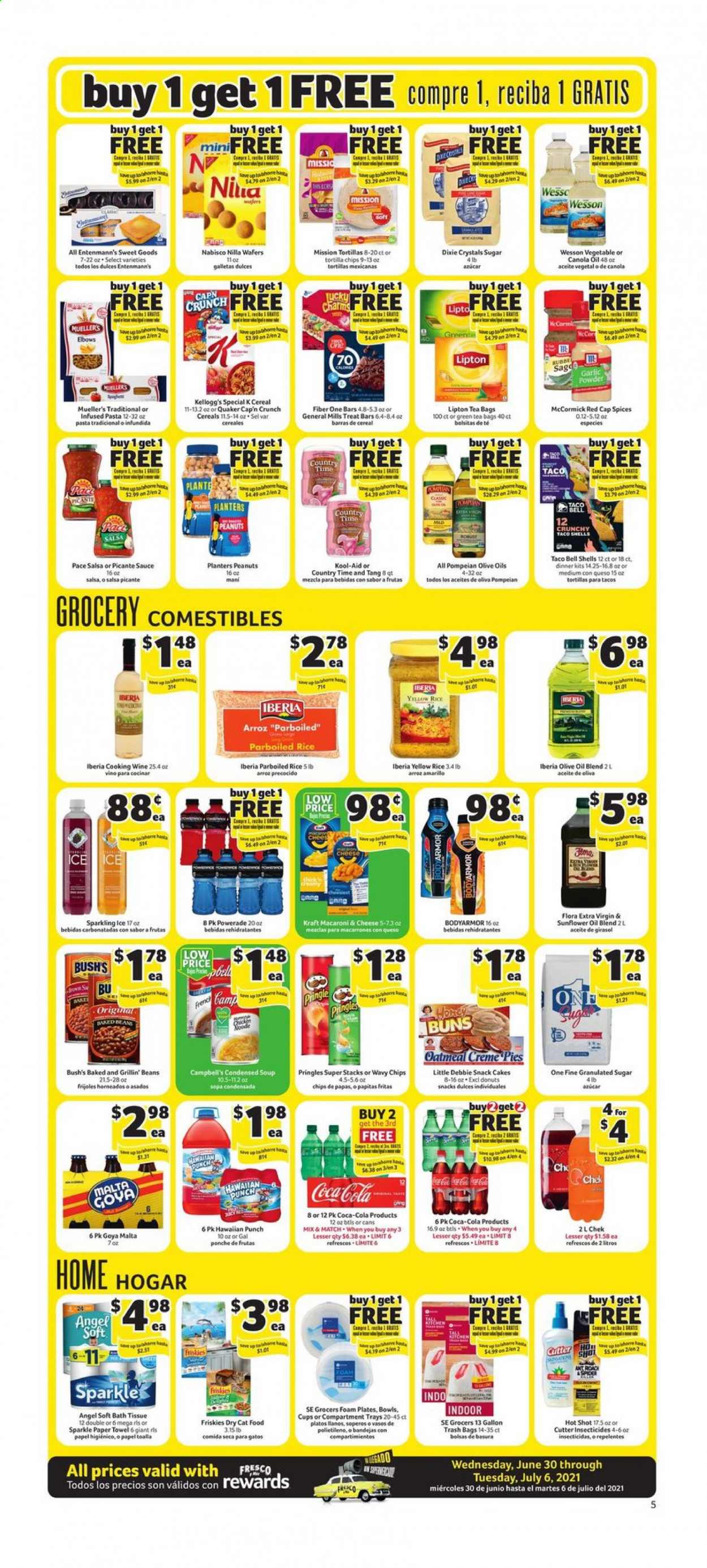 thumbnail - Fresco y Más Flyer - 06/30/2021 - 07/06/2021 - Sales products - buns, donut, Entenmann's, beans, Campbell's, macaroni & cheese, condensed soup, soup, pasta, sauce, dinner kit, Quaker, instant soup, Kraft®, Flora, wafers, snack, Kellogg's, tortilla chips, Pringles, chips, granulated sugar, sugar, oatmeal, Goya, cereals, Cap'n Crunch, Fiber One, rice, parboiled rice, garlic powder, salsa, canola oil, extra virgin olive oil, sunflower oil, olive oil, oil, peanuts, Planters, Coca-Cola, Powerade, Lipton, Country Time, green tea, tea bags, cooking wine. Page 5.