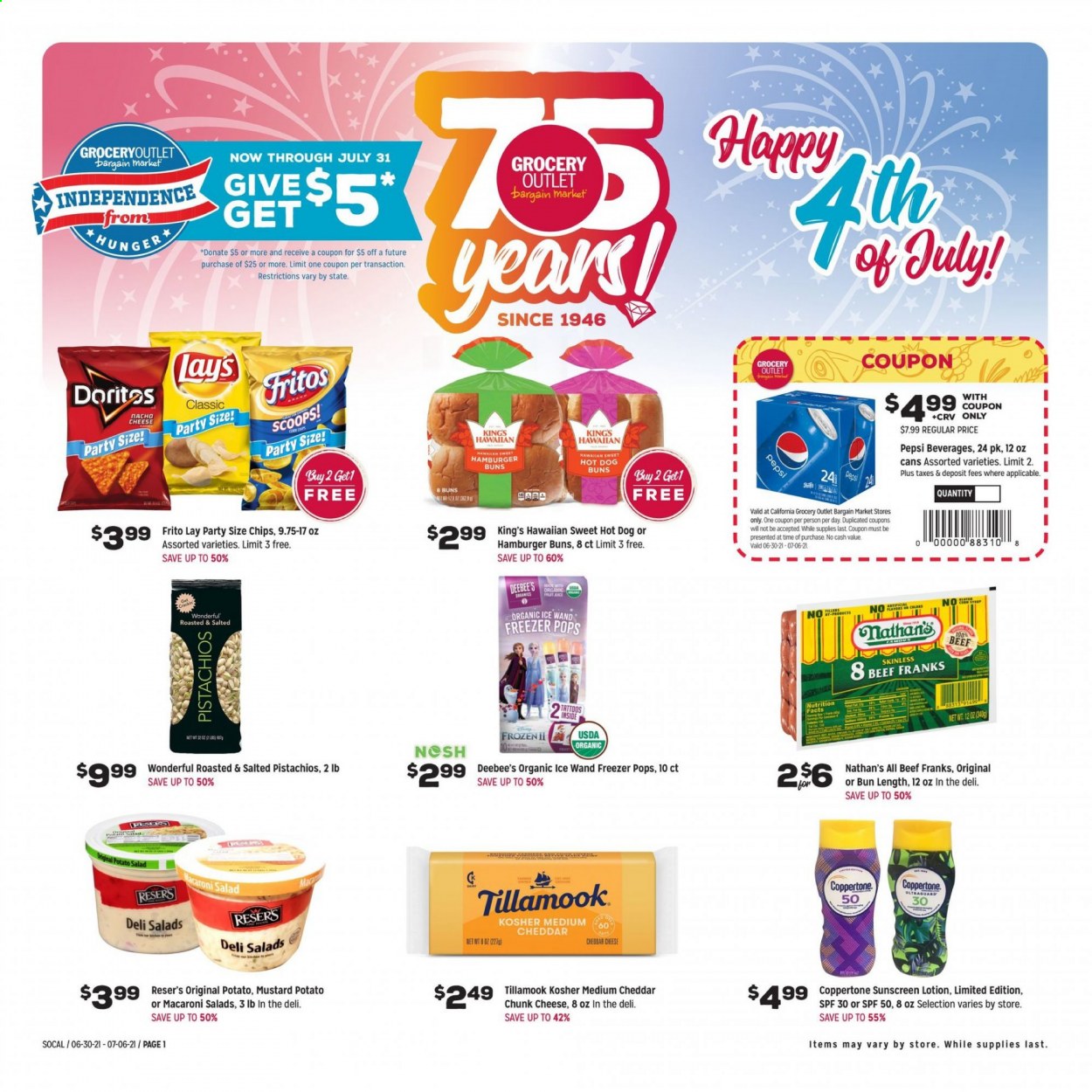 thumbnail - Grocery Outlet Flyer - 06/30/2021 - 07/06/2021 - Sales products - buns, burger buns, salad, hot dog, macaroni, potato salad, chunk cheese, Fritos, Lay’s, mustard, pistachios, Pepsi, body lotion, sunscreen lotion. Page 1.
