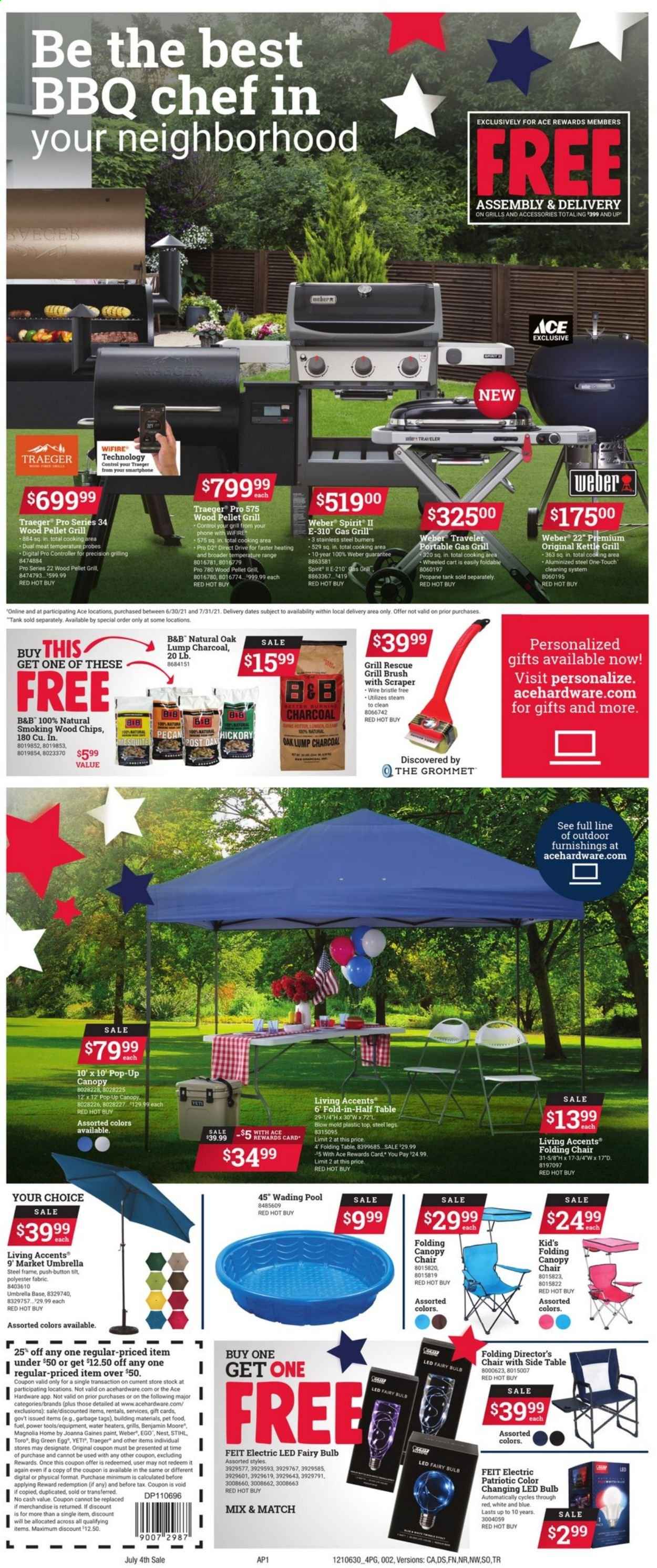 thumbnail - ACE Hardware Flyer - 06/30/2021 - 07/12/2021 - Sales products - Ego, chips, Fairy, brush, bulb, LED bulb, tank, animal food, kettle, table, folding table, folding chair, pellet gun, Benjamin Moore, charcoal, power tools, propane tank, gas grill, grill, Weber, pellet grill, pool. Page 2.