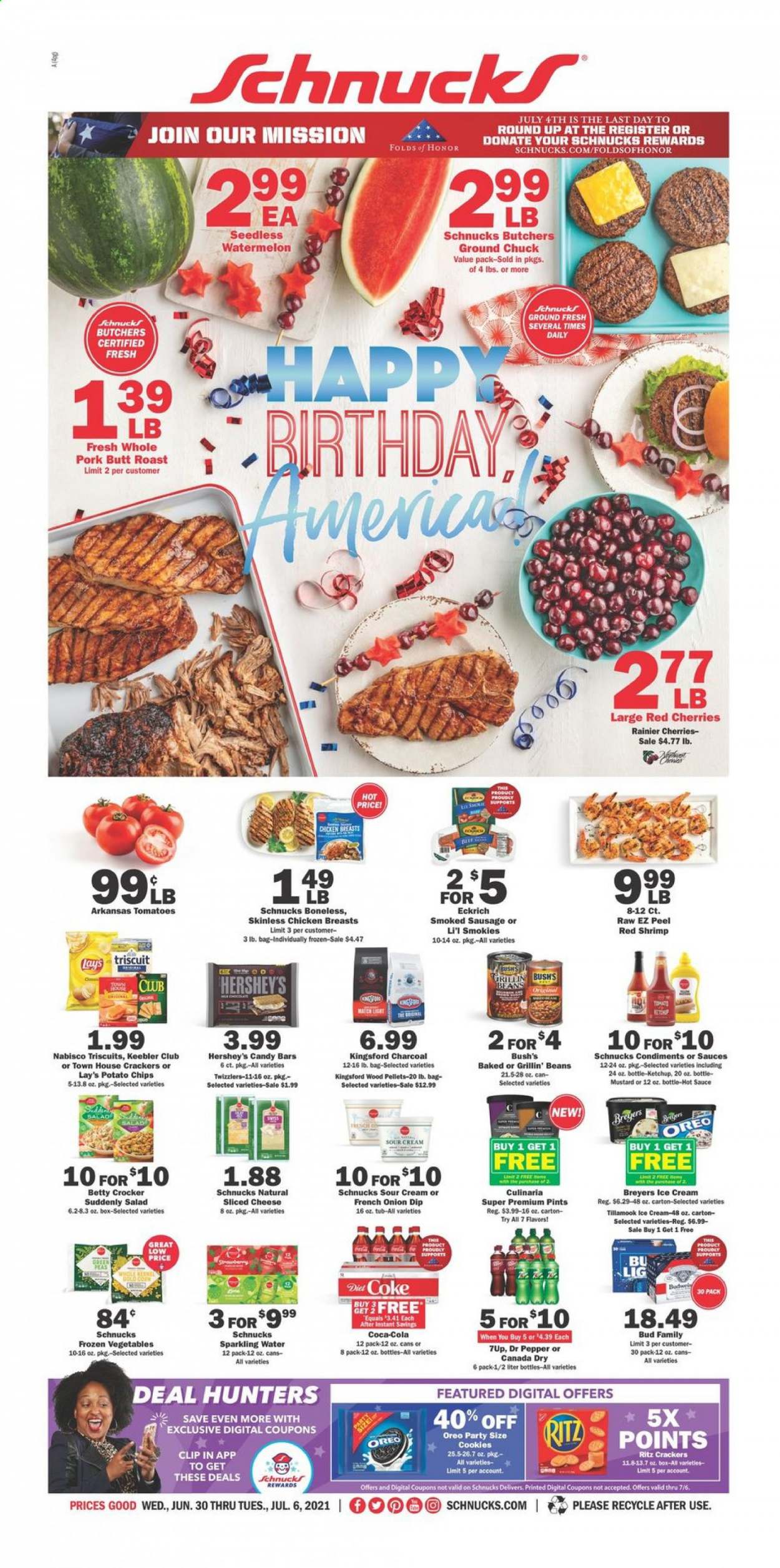 thumbnail - Schnucks Flyer - 06/30/2021 - 07/06/2021 - Sales products - beans, corn, tomatoes, peas, salad, watermelon, cherries, shrimps, sausage, smoked sausage, sliced cheese, cheese, Oreo, sour cream, dip, ice cream, Hershey's, frozen vegetables, cookies, crackers, Keebler, RITZ, potato chips, Lay’s, mustard, hot sauce, ketchup, Canada Dry, Coca-Cola, Dr. Pepper, 7UP, sparkling water, chicken breasts, ground chuck. Page 1.
