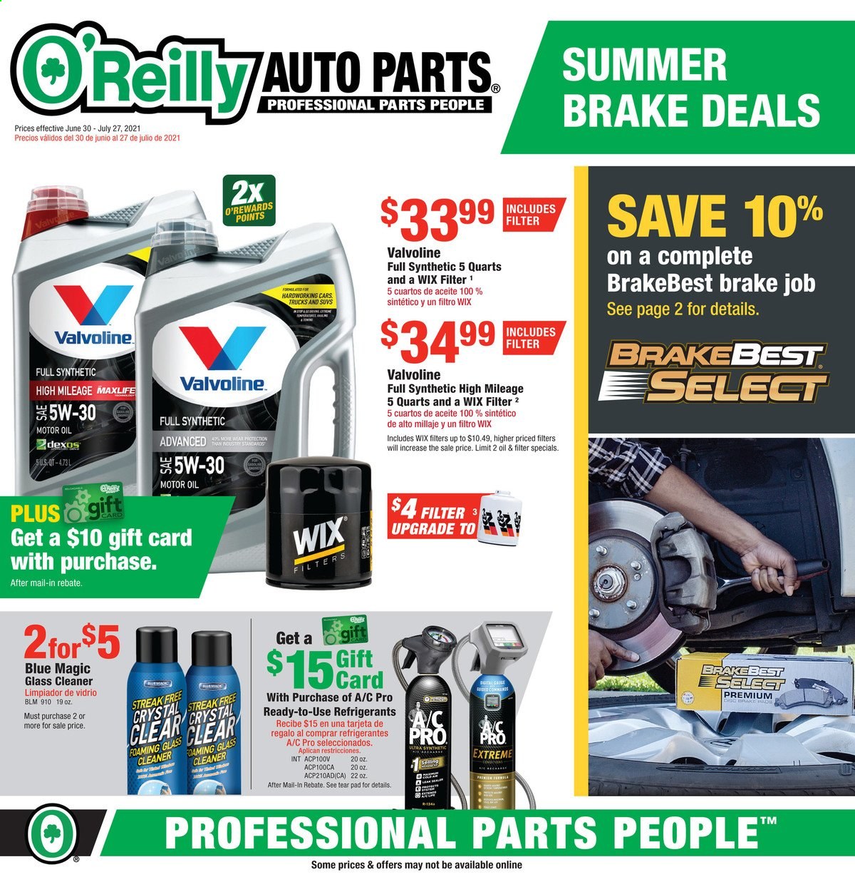 thumbnail - O'Reilly Auto Parts Flyer - 06/30/2021 - 07/27/2021 - Sales products - cleaner, motor oil, Valvoline. Page 1.