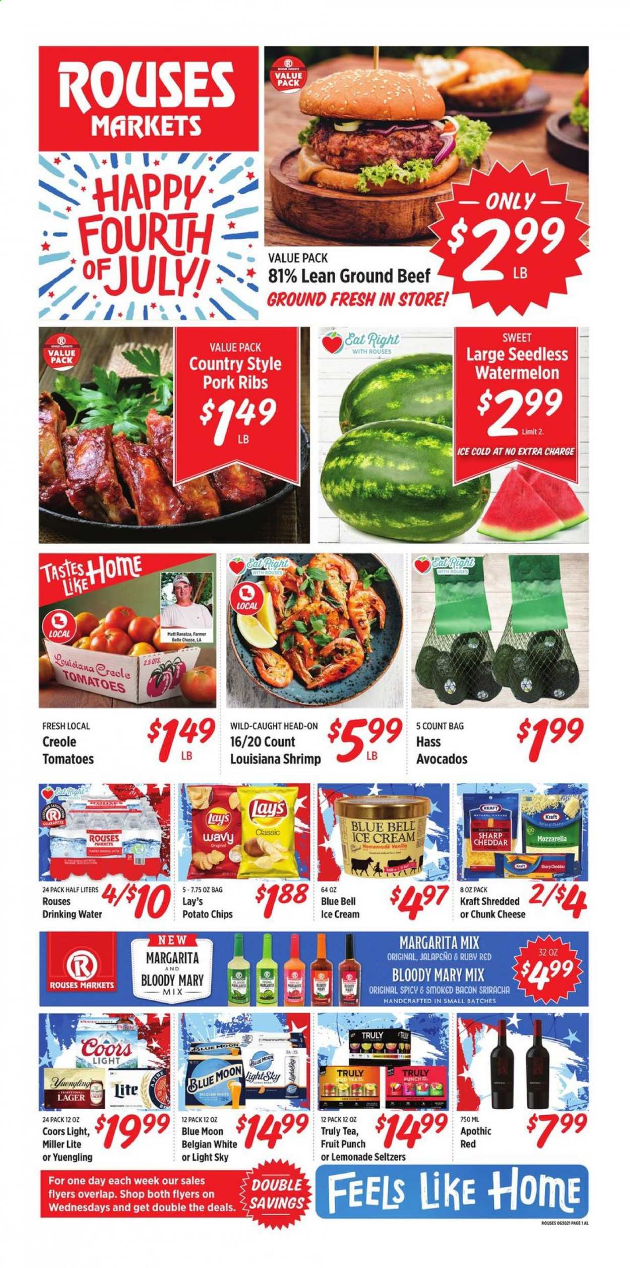 thumbnail - Rouses Markets Flyer - 06/30/2021 - 07/07/2021 - Sales products - Miller Lite, Coors, Blue Moon, Yuengling, tomatoes, jalapeño, avocado, watermelon, shrimps, Kraft®, bacon, mozzarella, cheese, chunk cheese, ice cream, Blue Bell, potato chips, chips, Lay’s, sriracha, lemonade, fruit punch, Margarita Mix, tea, TRULY, beer, Lager, beef meat, ground beef, pork meat, pork ribs. Page 1.