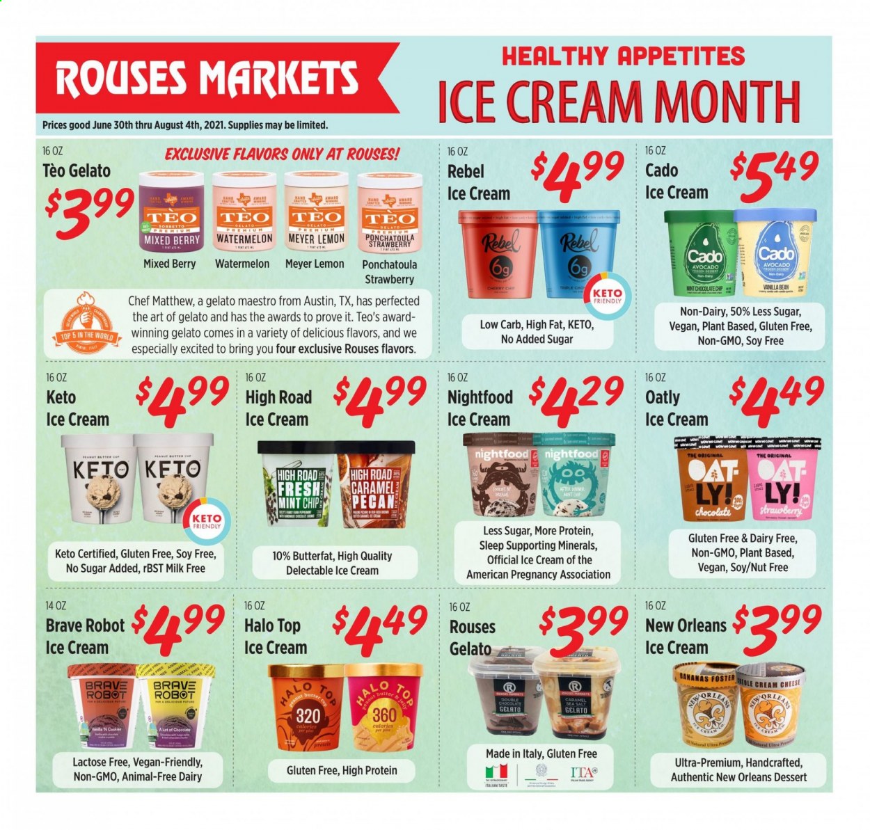 thumbnail - Rouses Markets Flyer - 06/30/2021 - 08/04/2021 - Sales products - avocado, watermelon, cherries, cream cheese, cheese, milk, ice cream, gelato, cookies, jelly, peanut butter cups, sea salt, caramel, peanut butter. Page 1.