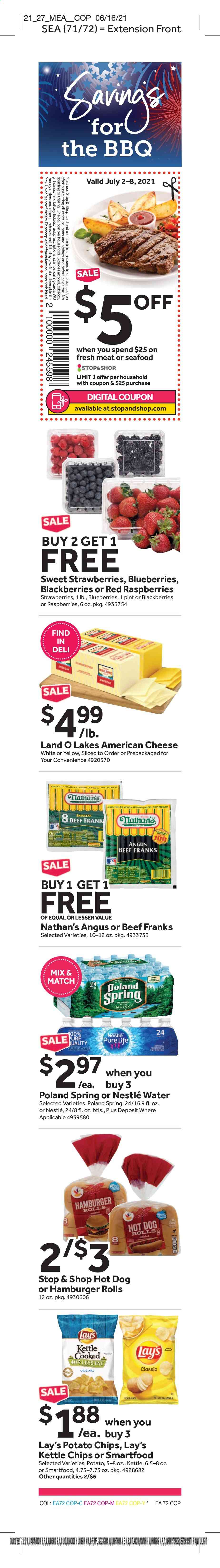 thumbnail - Stop & Shop Flyer - 07/02/2021 - 07/08/2021 - Sales products - burger buns, blackberries, blueberries, raspberries, strawberries, hamburger, seafood, hot dog, ham, american cheese, cheese, milk, Nestlé, potato chips, chips, Lay’s, Smartfood. Page 12.
